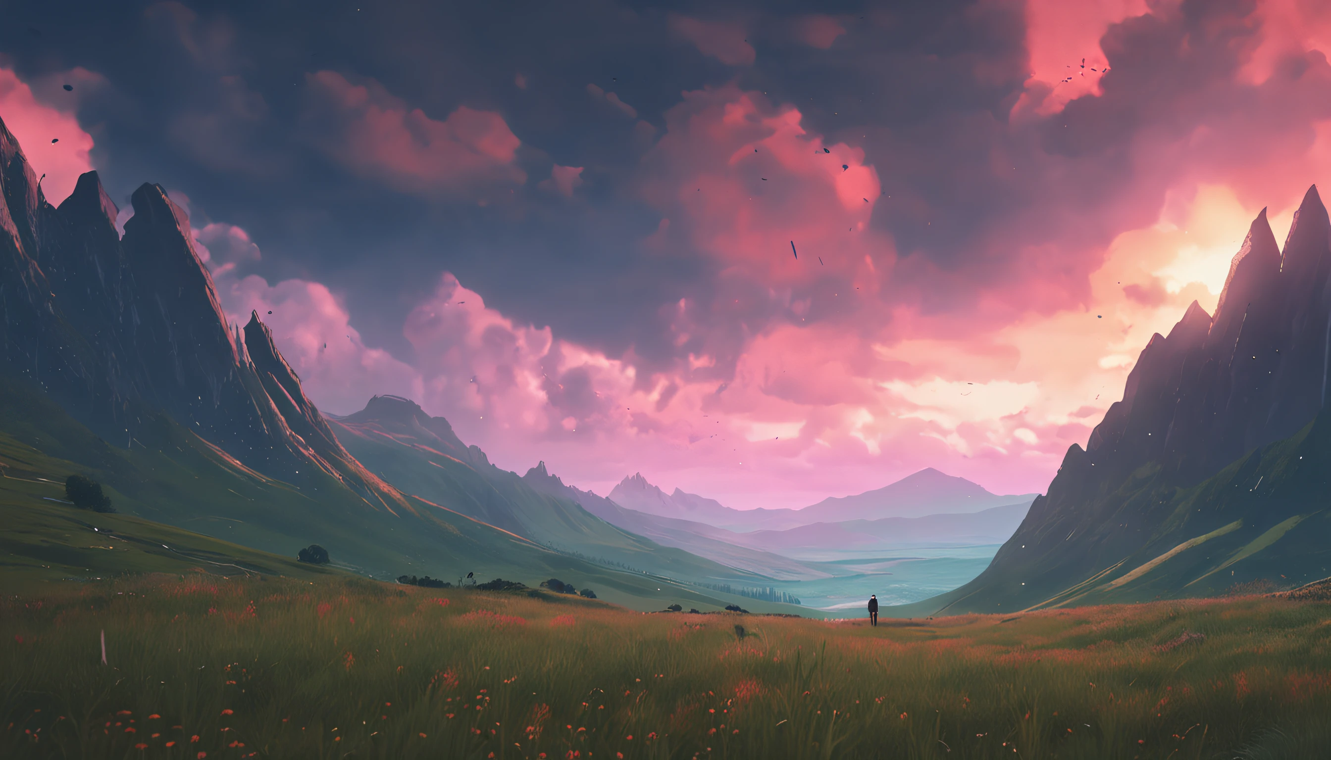ghibli style, beautiful sky with mountains and meadow, 4k wallpaper. Rainy atmosphere, evoking a moody and desolate future."