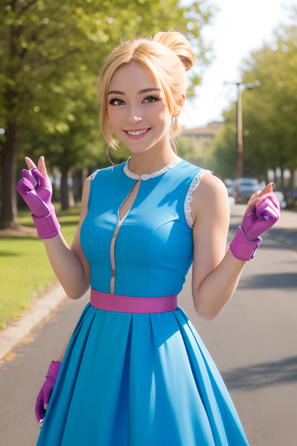 (masterpiece, best quality:1.2), cowboy shot, solo, 1girl, piper, smile, looking at viewer, blonde hair, ponytail, blue eyes, blue dress, fingerless gloves