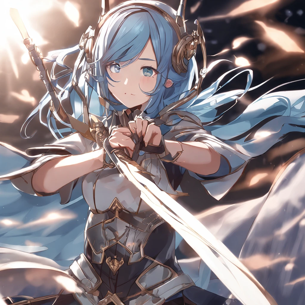 ( reasonable design, Clear lines, High sharpness,Best quality, Very detailed, Masterpiece, movie light effect, 4K )tmasterpiece，A high resolution，best qualtiy，1girl solo，A closeup of a woman，With a bow in his hand, 2D，Anime fantasy artwork,whaite hair，Blue eyes with blue streamers，Wear armor with blue as the main color，bow and arrow pose，Step into mid-air，anime big breast，quadratic element，2D