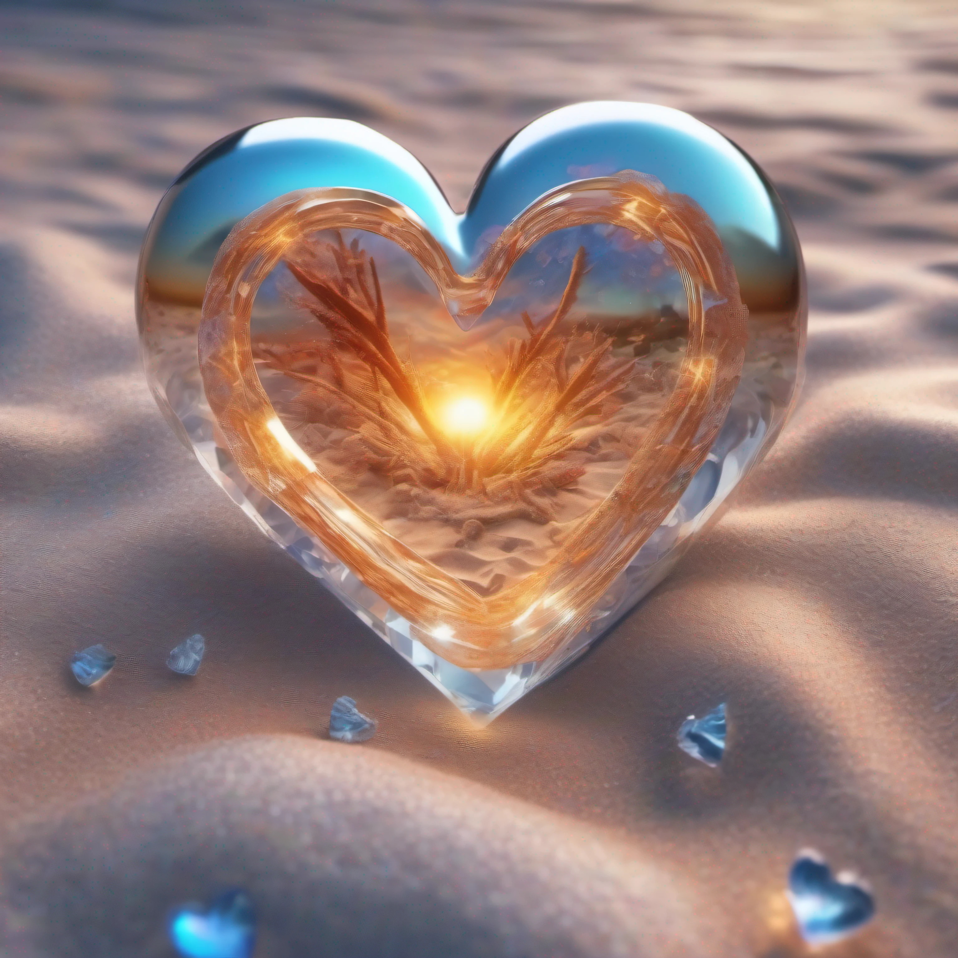 (8k wallpaper, .primitive, Photorealistic:1.25) ,( glossy side,, Best quality, Ultra-high resolution, Depth of field, color difference, Caustics, Special light) ,Iridescent color style,(dreamy and romantic compositions:1.5),Bright style,Crystal clear stone,Heart-shaped stone,sandbeach,with light glowing,rays of sunshine,