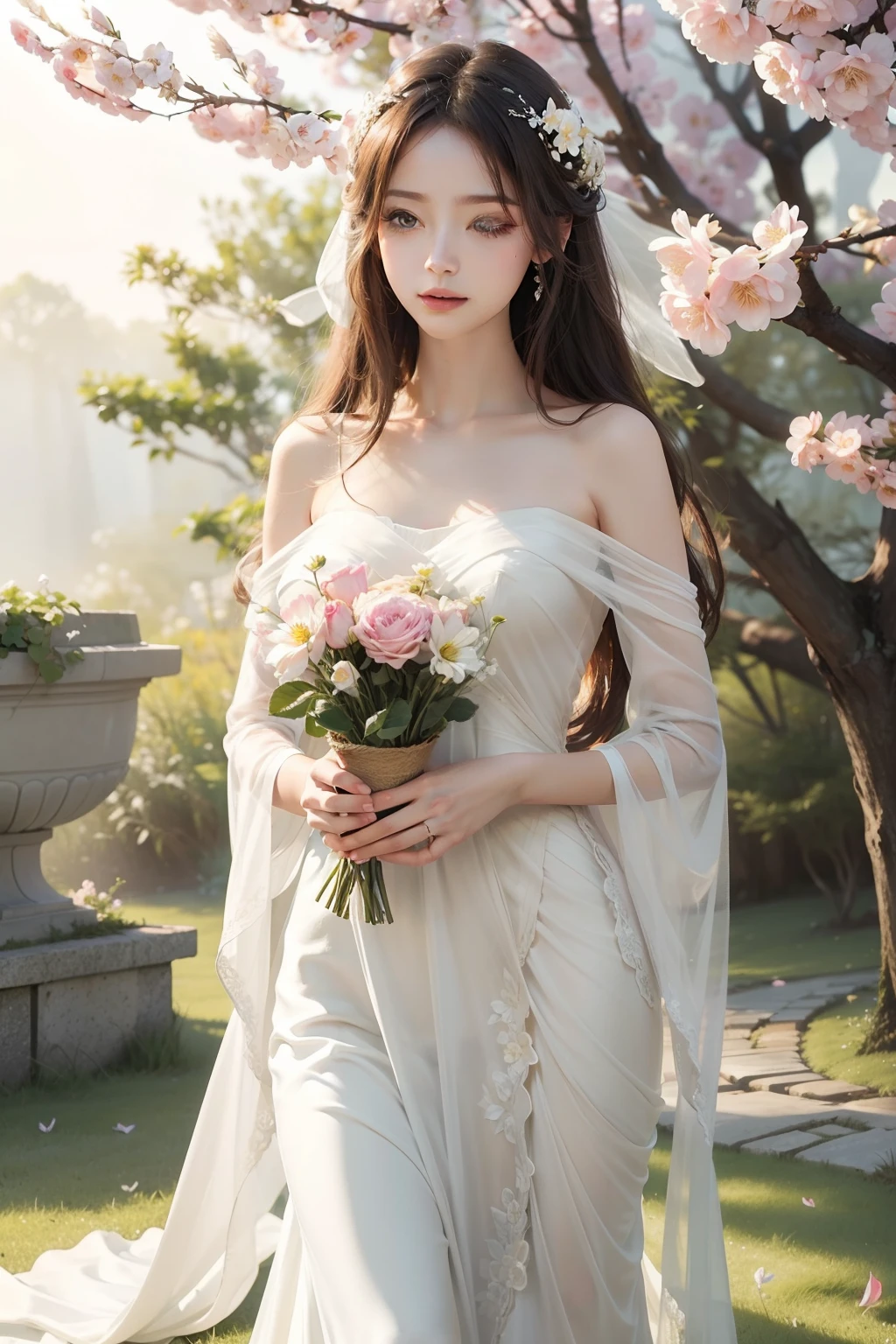 Create an image that portrays a beautiful lady in an ethereal setting. Imagine her in a flowing gown, surrounded by soft lighting and delicate flowers. Use a dreamy color palette and add elements like a gentle breeze or soft sunlight to enhance the ethereal atmosphere