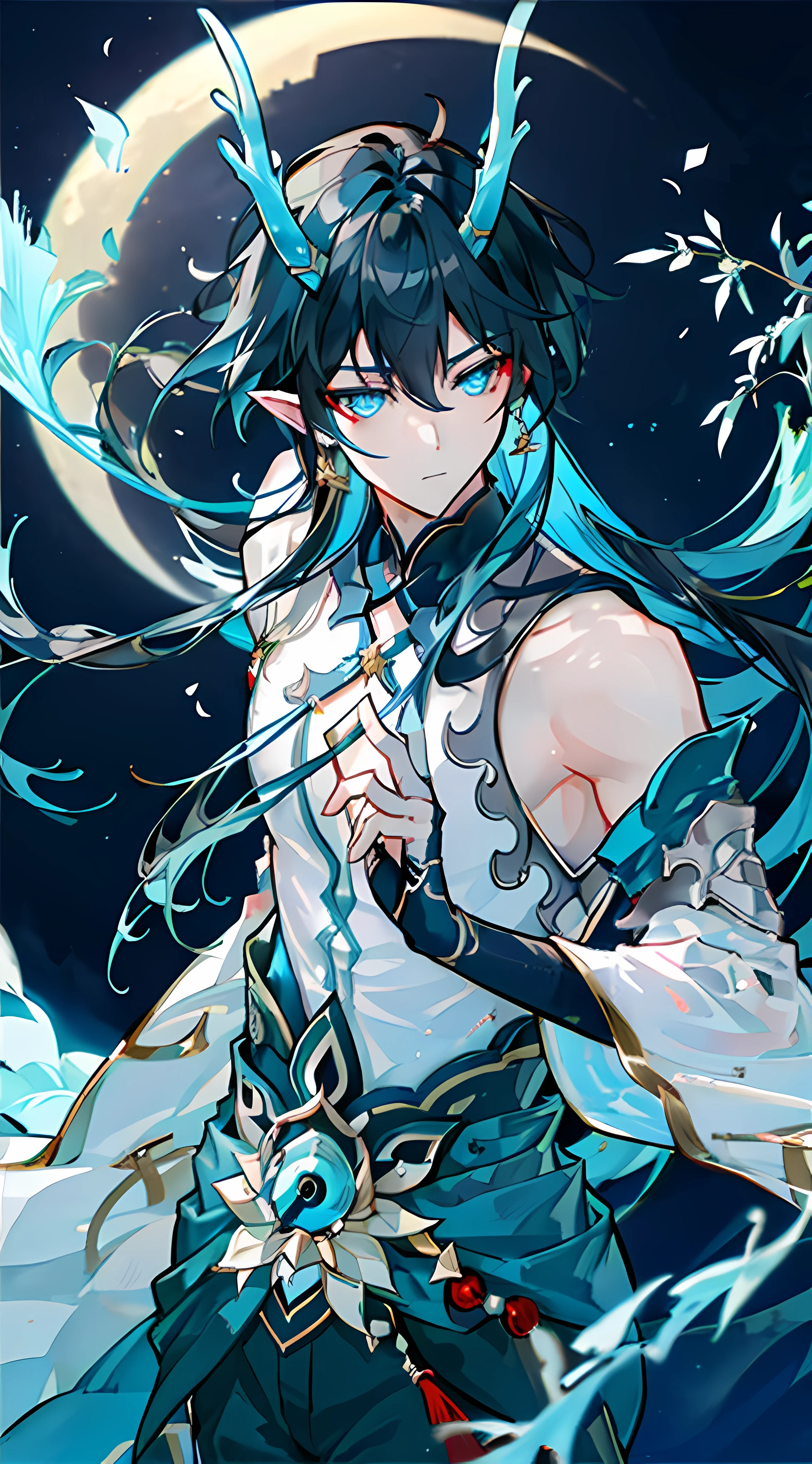 Silver Moon-kun\(Character\),Dragon 1\(Features\),Promenade,parapets,smog,Backlight,Book in hand,Chinese-style corridor,Bamboo,The background is an ancient landscape，bamboo forrest，Small pavilion，blue-sky，Bust，Exquisite facial features，Sword drawing pose