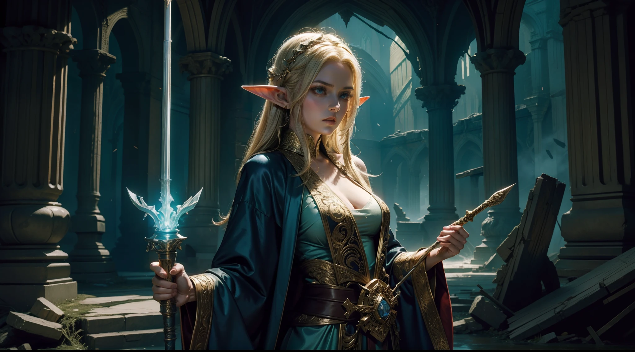 Female elf,Large breasts,magnificent robe,sceptre,dramatics,dynamicposes,The background is a mystery symbol,magia,Huge cross