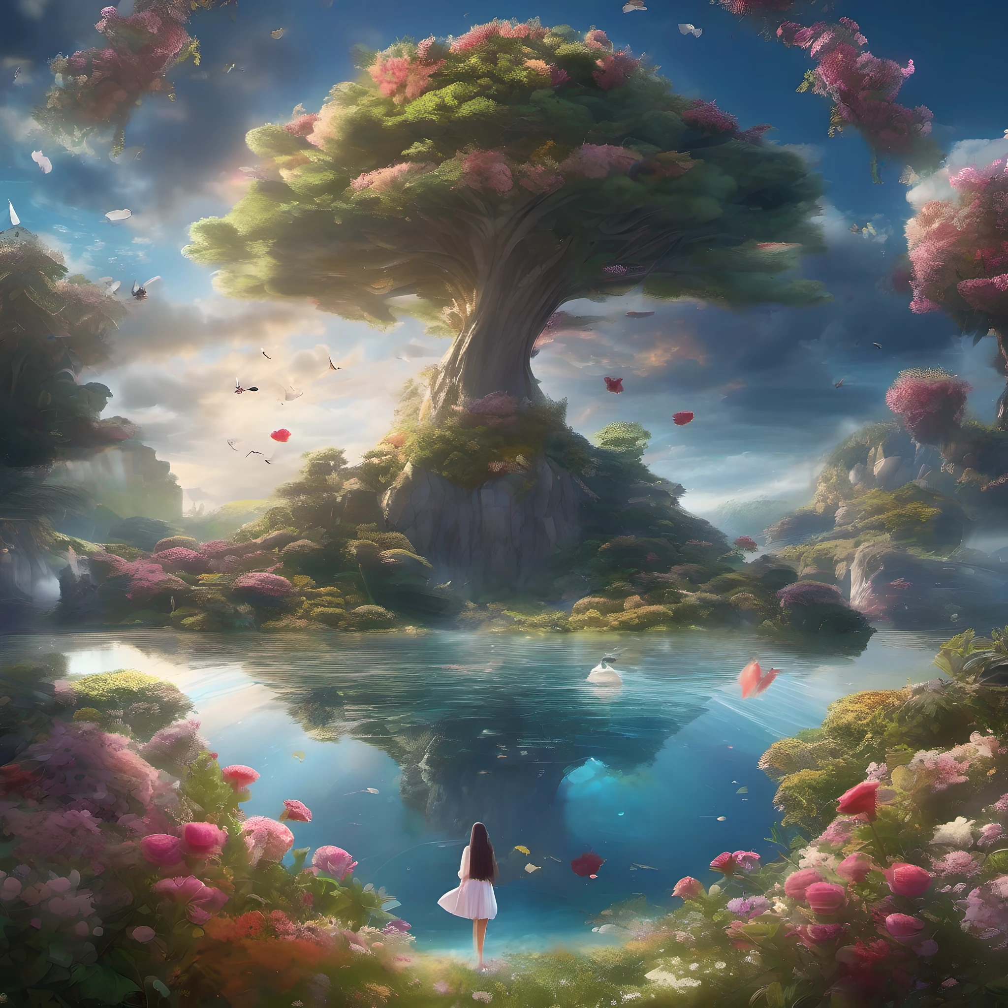 ccurate, best quality, masterpiece, UHD, high details, award winning, (Amazing:2.0), (Surrealism), Conceptual art, Verism, cinematic lighting, floating island in the sky, (((beautiful flower garden))), Horizon, blue sky, paradise scenery, flowers, wind flow, (((fantasy))), frontier, (magnificent space), blurry foreground, bokeh, Hasselblad, lens flare, beautiful school girl, (17 yr old), ((((full body)))), from behind, she moving, without looking at me, (((wearing school uniform))), black eyes, black hair, (floating hair), ((8 life size)), detailed hairstyles, detailed bodyline, anatomically correct, cute face, ((accurately portray her)),