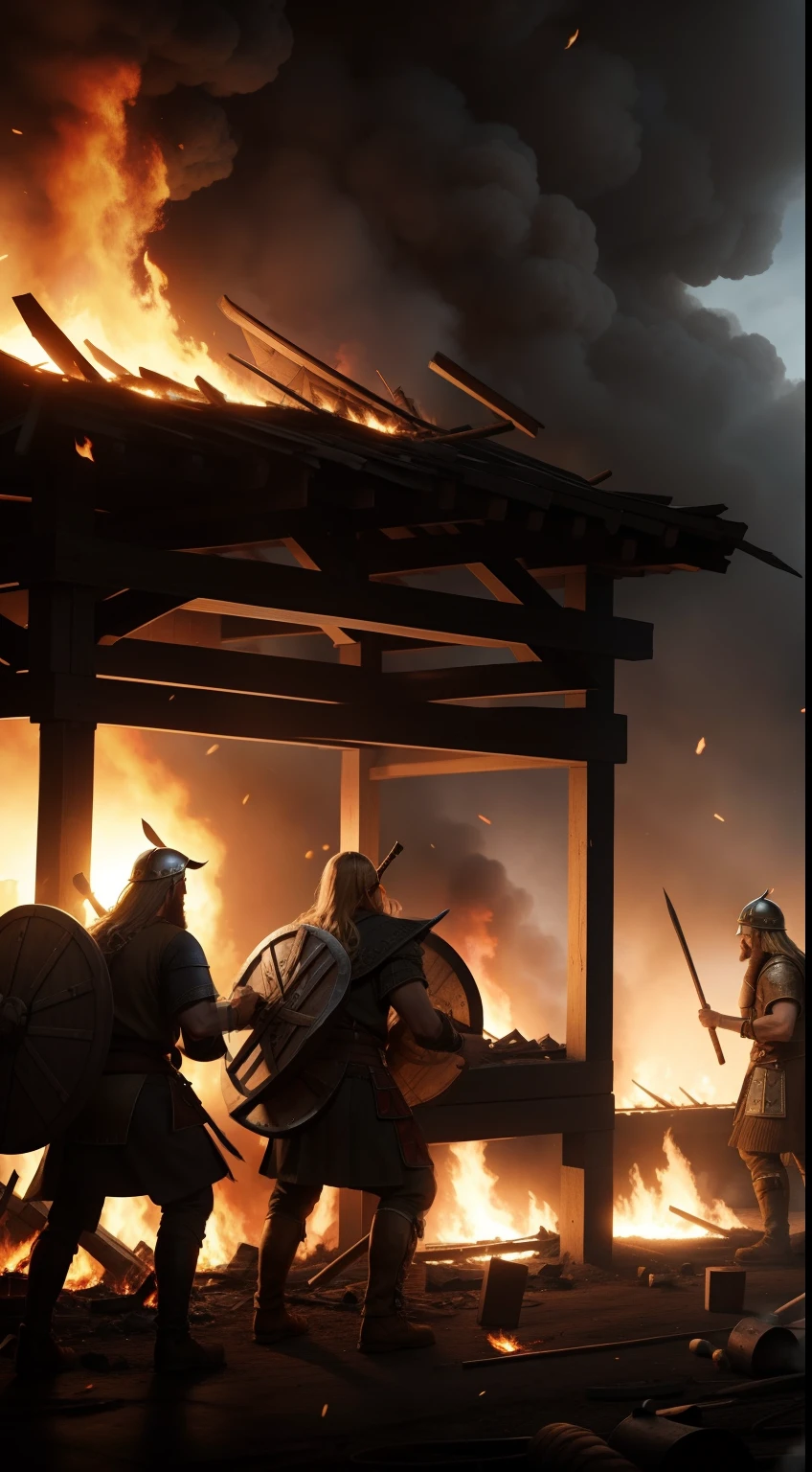 viking warriors looting their enemy bases with house burning and fire in the place, epic, realistic, 8k