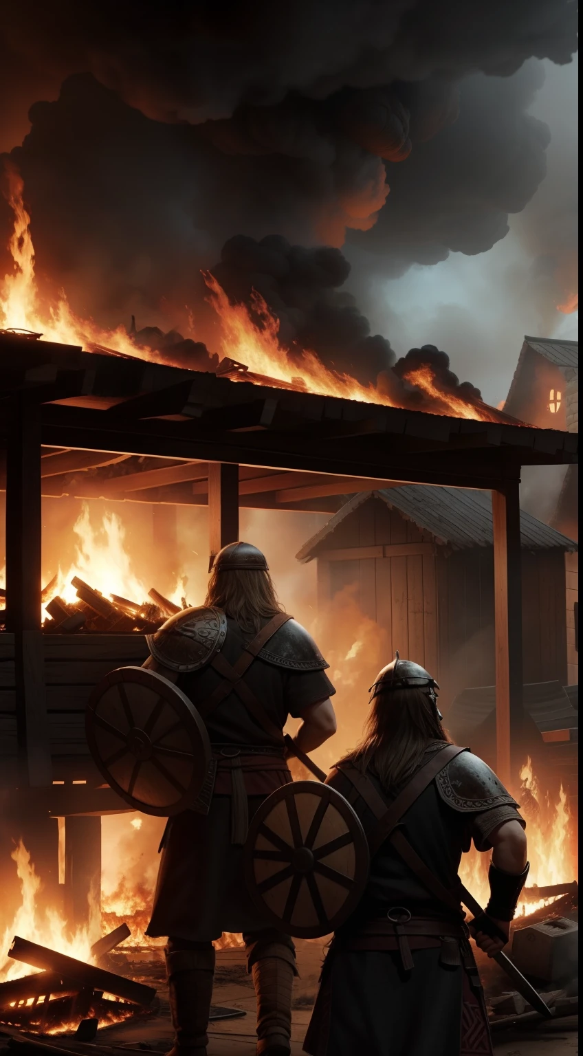 viking warriors looting their enemy bases with house burning and fire in the place, epic, realistic, 8k