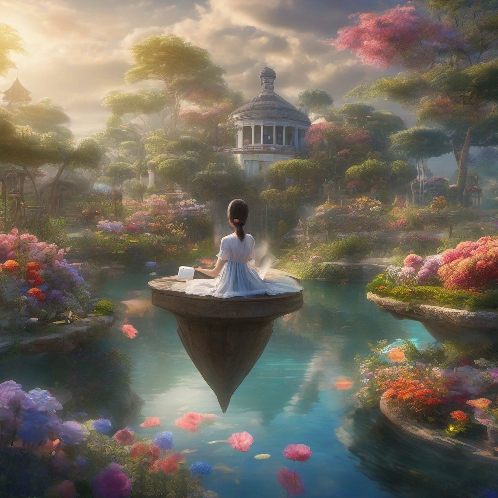 ccurate, best quality, masterpiece, UHD, high details, award winning, (Amazing:2.0), (Surrealism), Conceptual art, Verism, cinematic lighting, floating island in the sky, (((beautiful flower garden))), Horizon, blue sky, paradise scenery, flowers, wind flow, (((fantasy))), frontier, (magnificent space), blurry foreground, bokeh, Hasselblad, lens flare, beautiful school girl, (17 yr old), ((((full body)))), from behind, she moving, without looking at me, (((wearing school uniform))), black eyes, black hair, (floating hair), ((8 life size)), detailed hairstyles, detailed bodyline, anatomically correct, cute face, ((accurately portray her)),