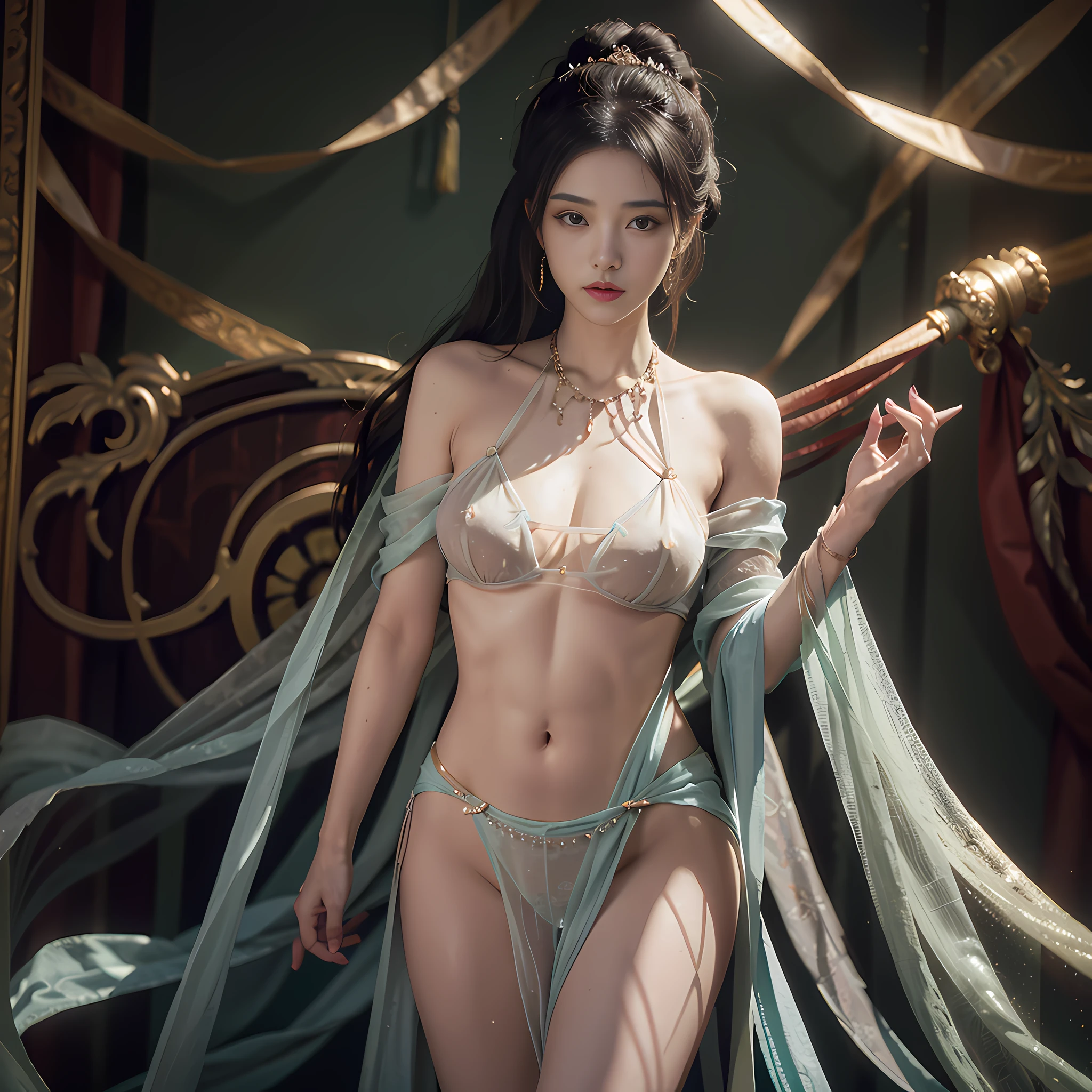 Best quality at best，tmasterpiece，Very detailed details，A high resolution，8K，Complicated details，realisticlying，Photorealsitic，dramatic  lighting，full bodyesbian，1girll，dunhuang_clothes，dunhuang_dress，Exposed clothing，being thin，Large breasts，jewely，hair adornments，Slim，Black panty，delicate leg，Body chain，Pedras preciosas，Abs，gyuru，Ribbons，Navel chain，Chain panties，Hairpins，breast chain，glute，Show one's butt，seminude，Partially covered by clothing，（ssee-through：1.3），Through a thin veil，A glimpse of the breasts can be seen，Create an enticing and suggestive effect，At a glance, You can see the contours of her skin and chest，cowboy lens，whirling