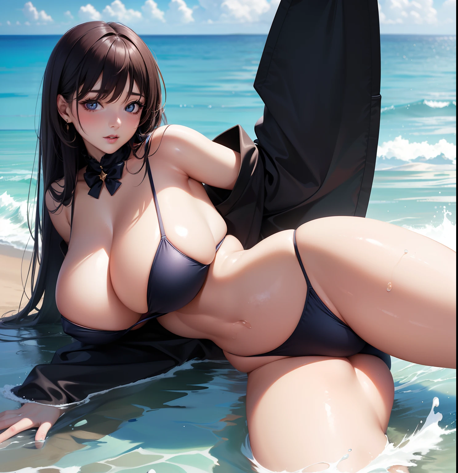 Best Quality, High Resolution, High Resolution, Realistic, 8k Portrait, RAW Photo, Real People, Real Skin, Curvy, Glowing Skin, Curvaceous, Masterpiece, Fine Skin, Fair Skin, Glossy Skin, Extreme to high quality, sexy pose, (reality) 1.4), 1 girl, detailed feces, looking at camera, big eyes, swimsuit, Japanese woman, super strong super huge breasts, huge breasts, (huge breasts 1.8), underwear, leotard , charm barrage, big breasts, cleavage, big butt, big eyes, thin waist, risky swimsuit, micro bikini, ahegao, tropical sea, sandy beach, splashing water,