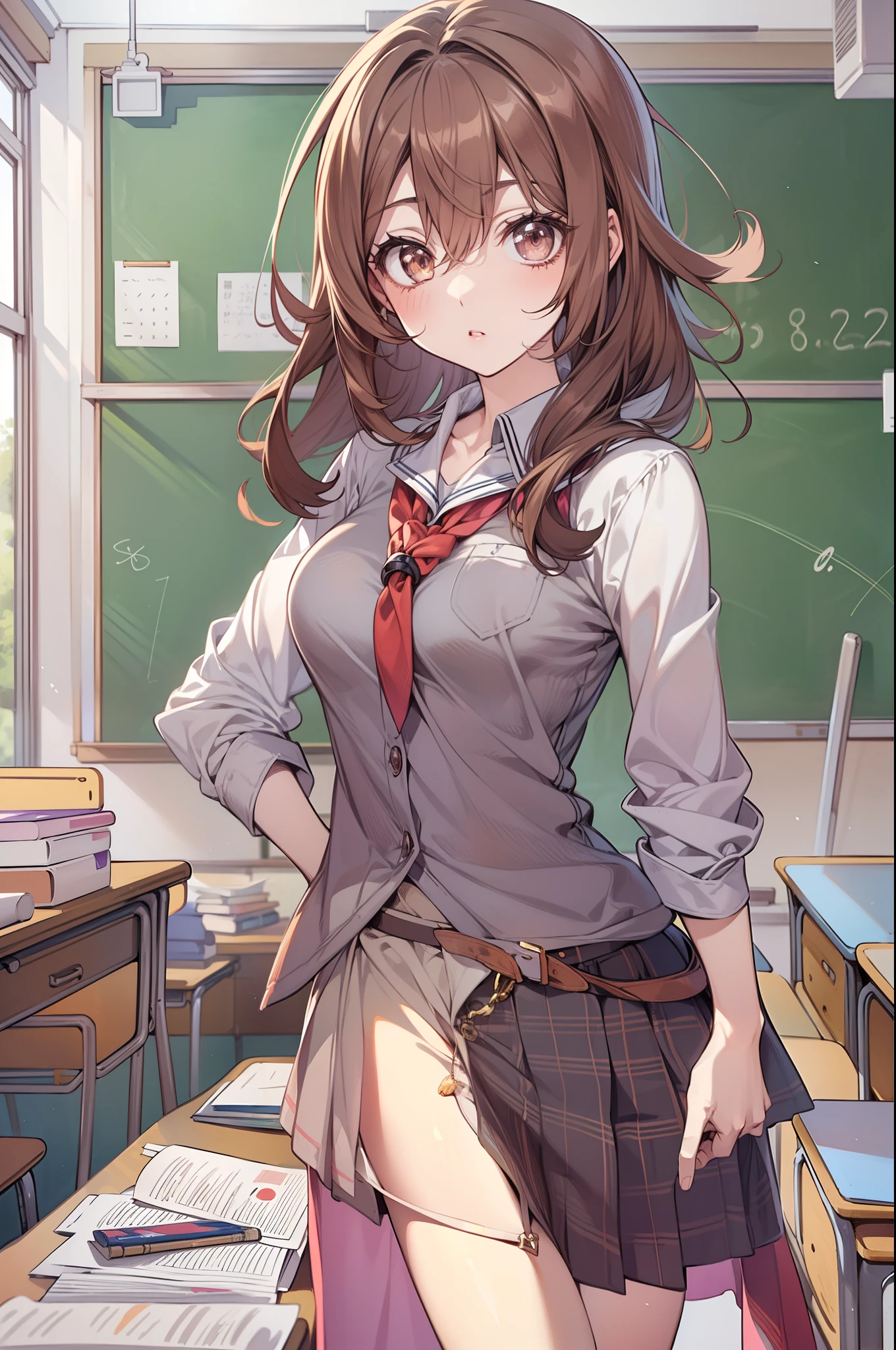 solo, (((anime woman with brown hair))), (((disheveled hair)), (((adult teacher))), (silver eyes), ((classroom in background)), ((high quality)), (extremely detailed)