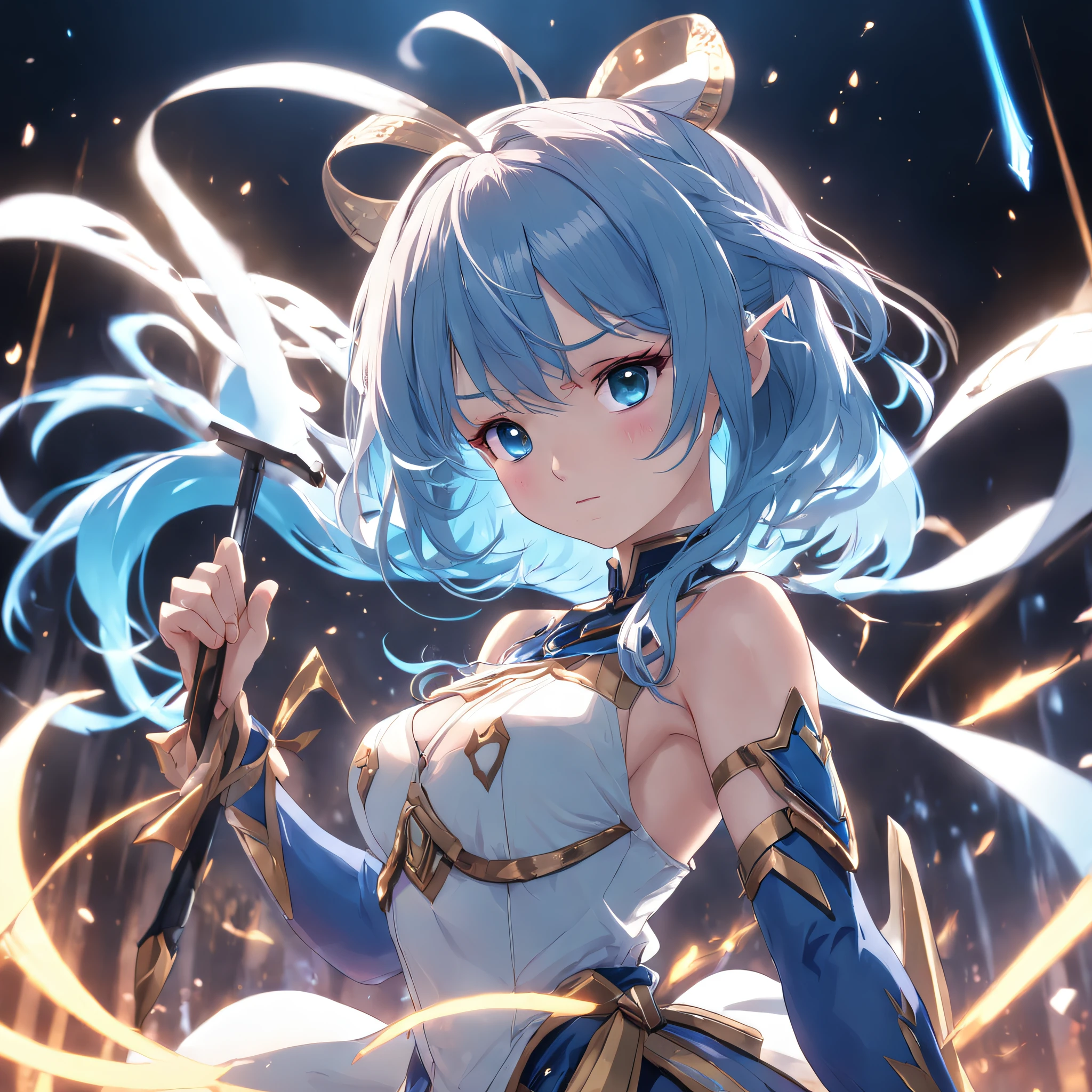 ( reasonable design, Clear lines, High sharpness,Best quality, Very detailed, Masterpiece, movie light effect, 4K )tmasterpiece，A high resolution，best qualtiy，1girl solo，A closeup of a woman，With a bow in his hand, 2D，Anime fantasy artwork,whaite hair，Blue eyes with blue streamers，Wear armor with blue as the main color，bow and arrow pose，Step into mid-air，anime big breast，quadratic element，2D