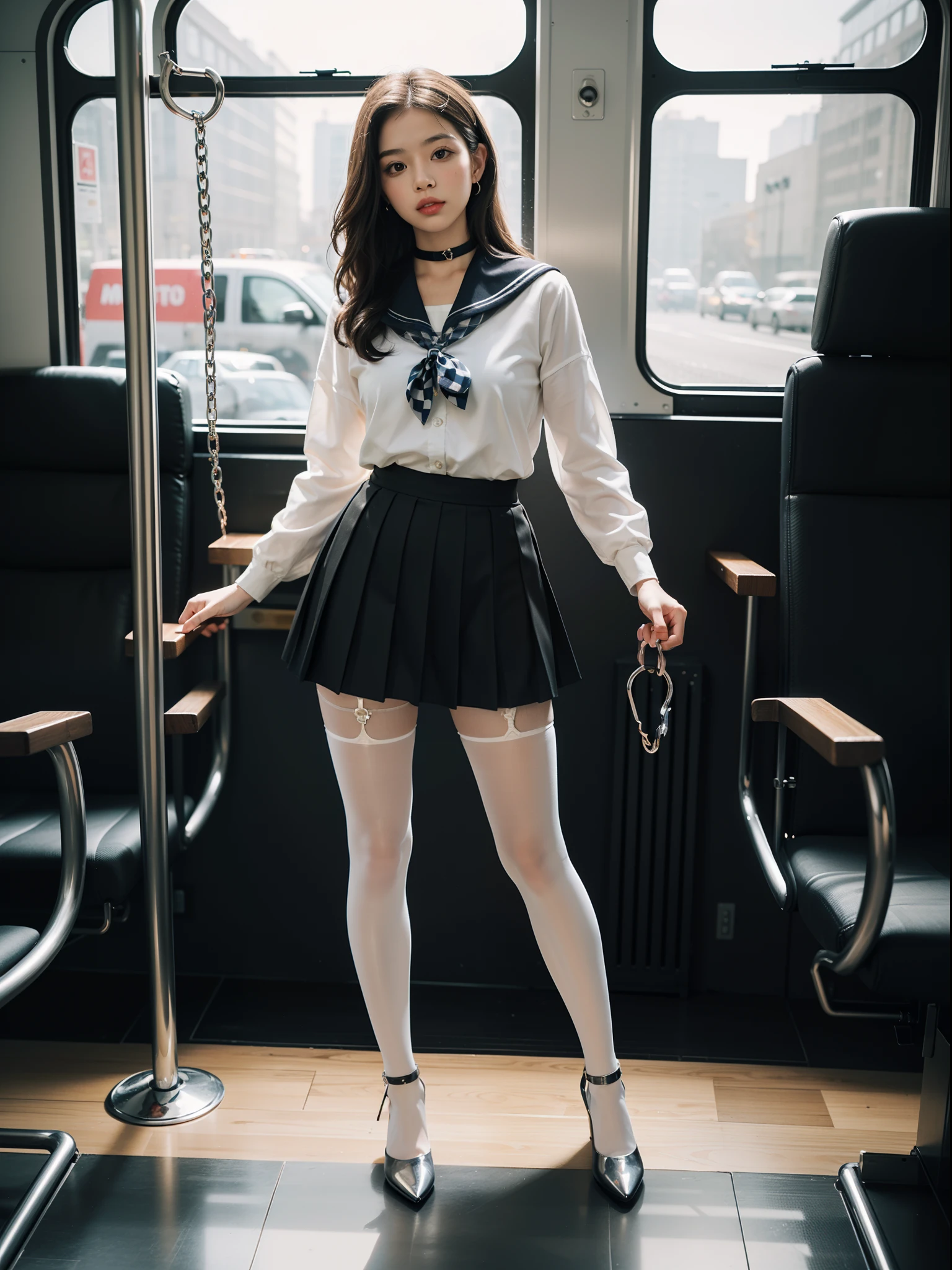 (full body:1.5),((girl):1.4),(view the viewer:1.4),(anatomy correct:1.3),(dancing on a bus:1.2),(A colorful Sailor suit and checkered high waisted pleated skirt :1.2),((white Pantyhose):1.32),( girl pointed thick heels :1.1),((Metal shackles and handcuffs):1.3),(Accurate and perfect face:1.3),hyper HD, Ray traching, reflective light, structurally correct, Award-Awarded, high detail, lighten shade contrast, Face lighting ,cinematic lighting, masterpiece, super detailing, high quality, high detail, best quality, 16k,High contrast,