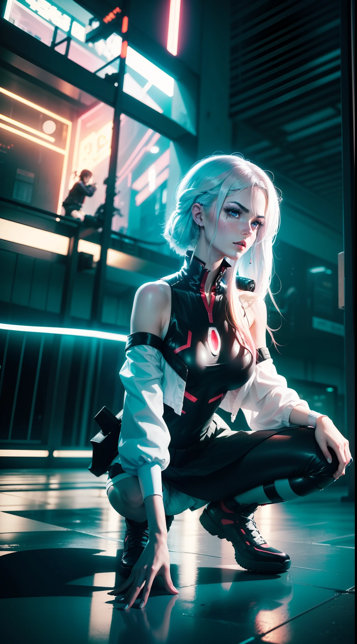 schoolgirls,squatting pose,Squat with the left leg,The right leg is straight and oblique,Left hand on the ground,The right hand holds the hilt of the sword,The blade of the sword was chilling,On the inside of the body,Super high appearance,eBlue eyes,The outside of the eye glows,Bright yellow eyebrows,The lips are slightly red,Underwear rain,There are raindrops on the face,There are raindrops on the chin,cyberpunk building,Girls in the middle of two buildings,Dress smartly,agent,Hair Japanese assassin style,Flashing neon,Ultra clear 8k,athletic sneakers,The road is slippery