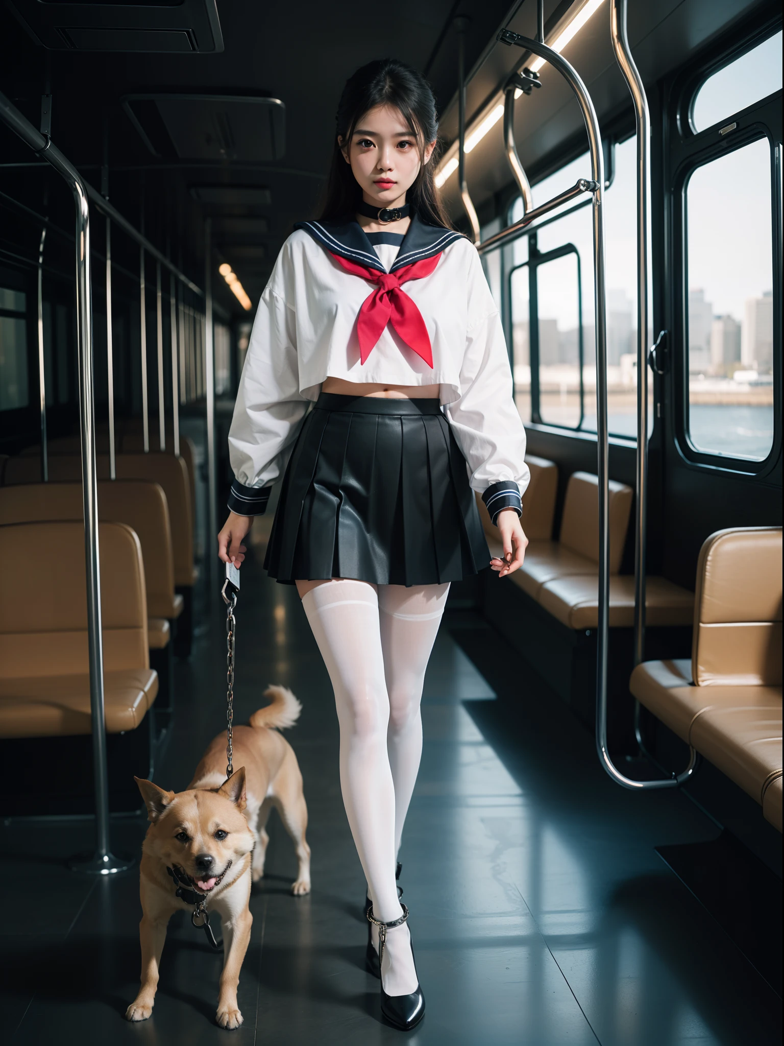 (full body:1.5),((girl):1.4),(view the viewer:1.4),(anatomy correct:1.3),(dancing on a bus:1.2),(((colorful)), (A Sailor suit and checkered high waisted pleated skirt ):1.2),((white Pantyhose):1.32),( girl pointed thick heels :1.1),((Metal shackles, handcuffs, and dog collars):1.3),(Accurate and perfect face:1.3),hyper HD, Ray traching, reflective light, structurally correct, Award-Awarded, high detail, lighten shade contrast, Face lighting ,cinematic lighting, masterpiece, super detailing, high quality, high detail, best quality, 16k,High contrast,