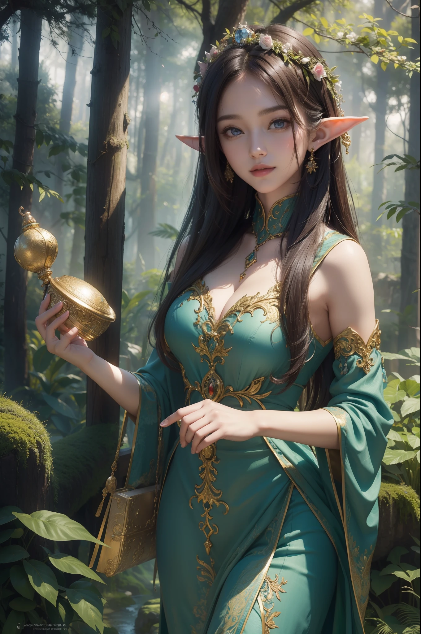 ((top-quality、masterpiece、photographrealistic:1.4、in 8K))、Beautuful Women、Beautiful expression、extremely detailed eye and face、beatiful detailed eyes、(Mysterious and natural dresses)、(Elves strolling through the mysterious forest)、Cinematic lighting、Textured skin、Super Detail、high detailing、High quality、hight resolution、Looking at Viewer、Elegant smile、Full body、elf