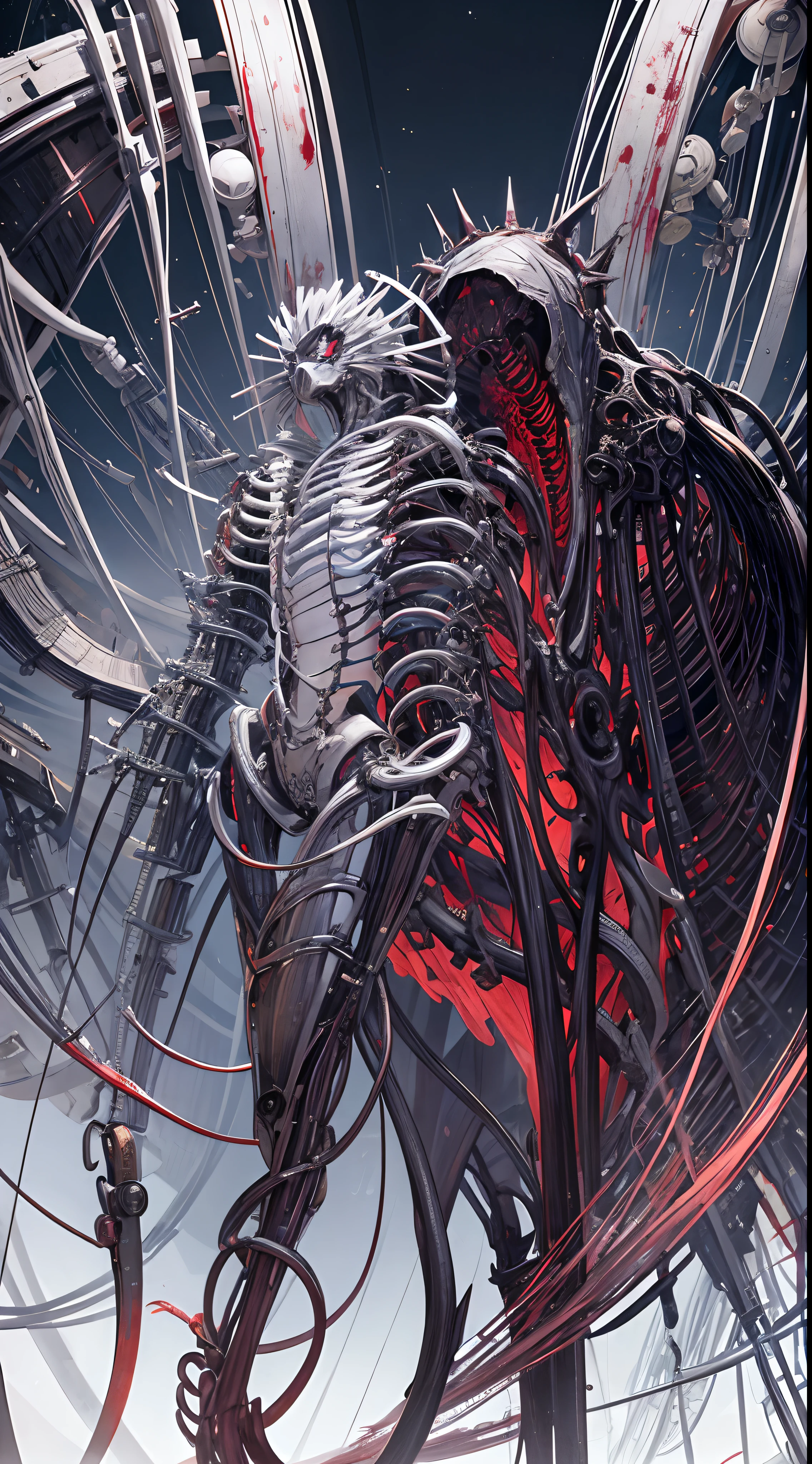 (((tmasterpiece))),Full body like, ((best qualtiy)), (super detailing), (CG illustration), (Very evil and beautiful)), cinematric light, ((1 mechanical girl)), slips, (Mechanical art: 1.4), ((Mechanical limb)), (Blood vessel attached to tube), ((The mechanical spine is attached to the back)), ((The mechanical cervical vertebrae are attached to the neck), (facing away from the audience)), face expressionless, ( wires and cables attached to head and body: 1.5), scientific fiction, apocalytic, 废墟, (lower body integrated with mechanical devices), (bloods: 1.5), brutality, hoang lap, , fusion with machines, Doomsday time, Super Future, inorganic, Lab Room, restraind, (Beautiful indulgence: 1.2), (1 rapariga: 1.3),Bursting blood vessels,blood splattere, body wrapped around mechanical tentacles,The steel pipe is forked out of the mouth!