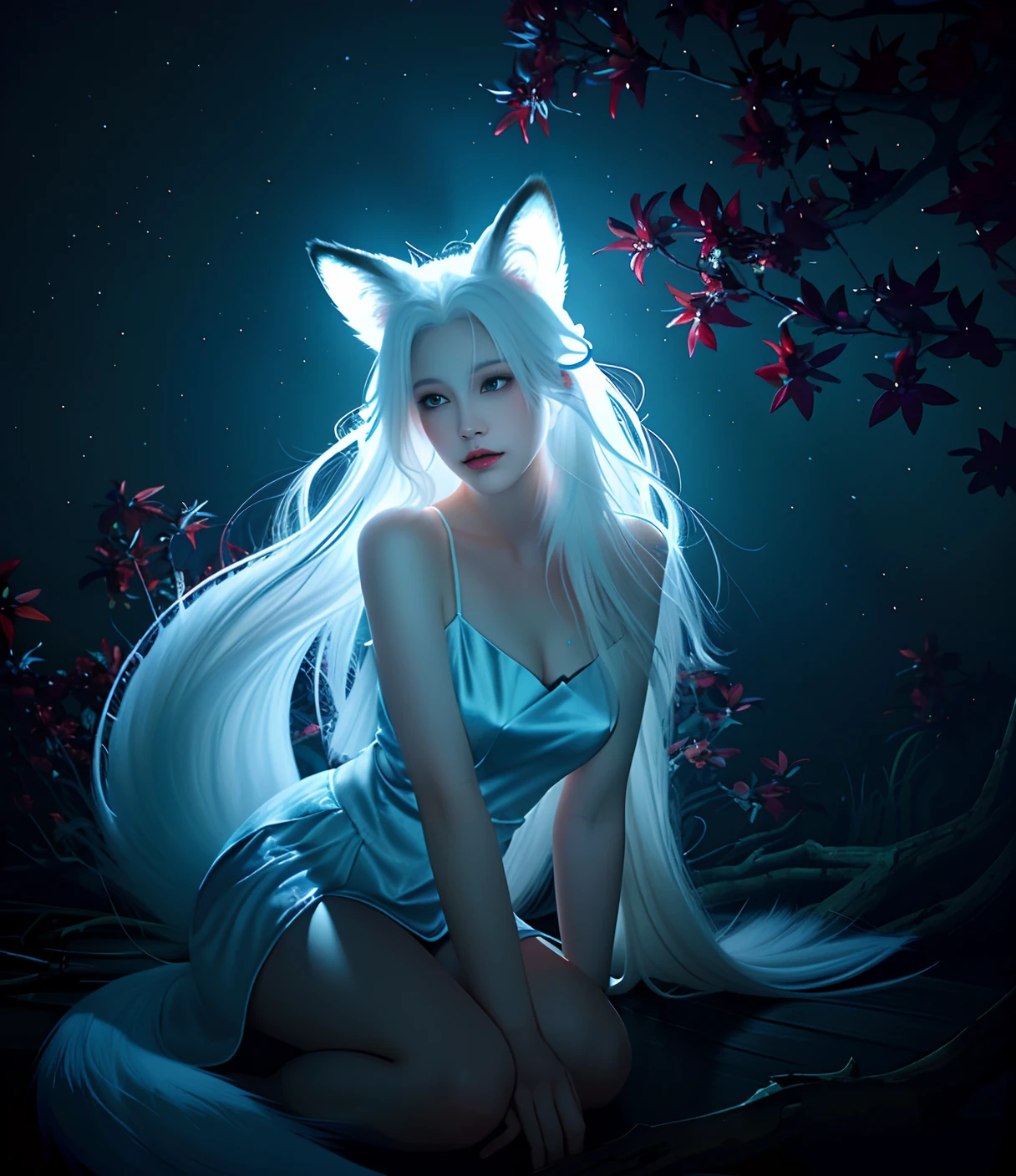 Fox ears white hair girl，full bodyesbian，Painting of a fox with white hair sitting on a branch，ethereal fox，nine tail fox，Fox three-tailed fox，Onmyoji detailed art，Nine tails，A beautiful artwork illustration，mythological creatures，red fox，Beautiful digital artwork，Exquisite digital illustration，mizutsune , Inspired by the mythical creature wildnet，Digital art on Pixiv，strong lights，hight contrast，Horror movie theme，Dark atmosphere