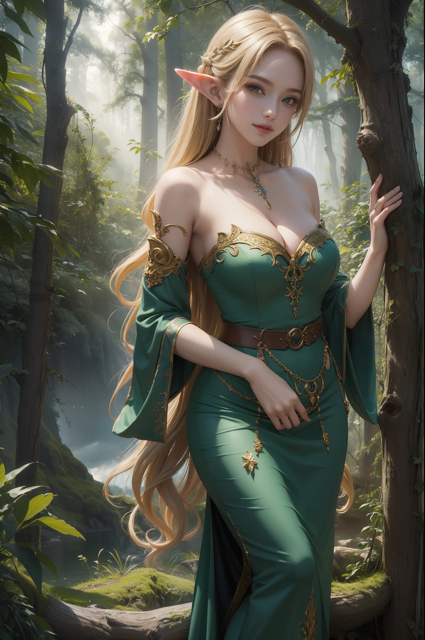 ((top-quality、masterpiece、photographrealistic:1.4、8K))、Beautuful Women、Beautiful expression、extremely detailed eye and face、beatiful detailed eyes、(Mysterious and natural dresses)、(Elves using magic in the mysterious forest)、Cinematic lighting、Textured skin、Super Detail、high detailing、High quality、hight resolution、Looking at Viewer、Elegant smile、Full body、elf