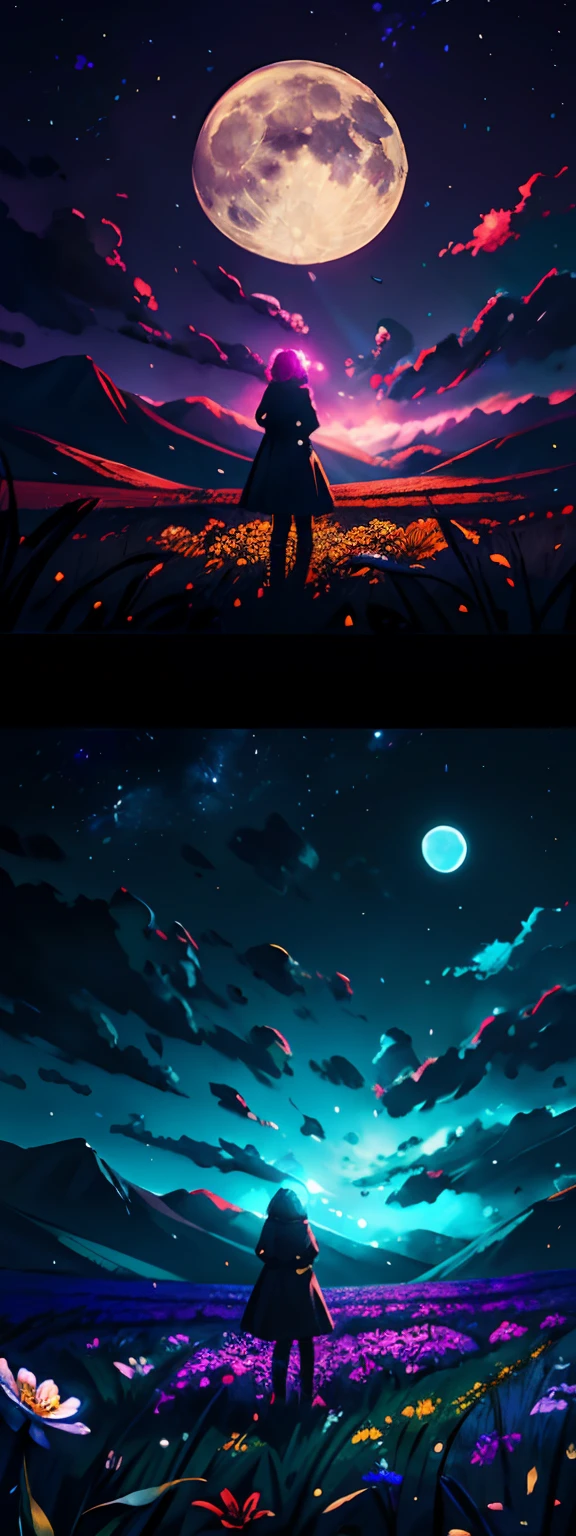 A wide landscape photo, (viewed from below, the sky is above, and the open field is below), a girl standing on a flower field looking up, (full moon: 1.2), (meteor: 0.9), (nebula: 1.3), distant mountains , Trees BREAK Crafting Art, (Warm Light: 1.2), (Firefly: 1.2), Lights, Lots of Purple and Orange, Intricate Details, Volumetric Lighting BREAK (Masterpiece: 1.2), (Best Quality), 4k, Ultra Detailed, (Dynamic Composition: 1.4), Rich in Detail and Color, (Rainbow Color: 1.2), (Glow, Atmospheric Lighting), Dreamy, Magical, (Solo: 1.2)