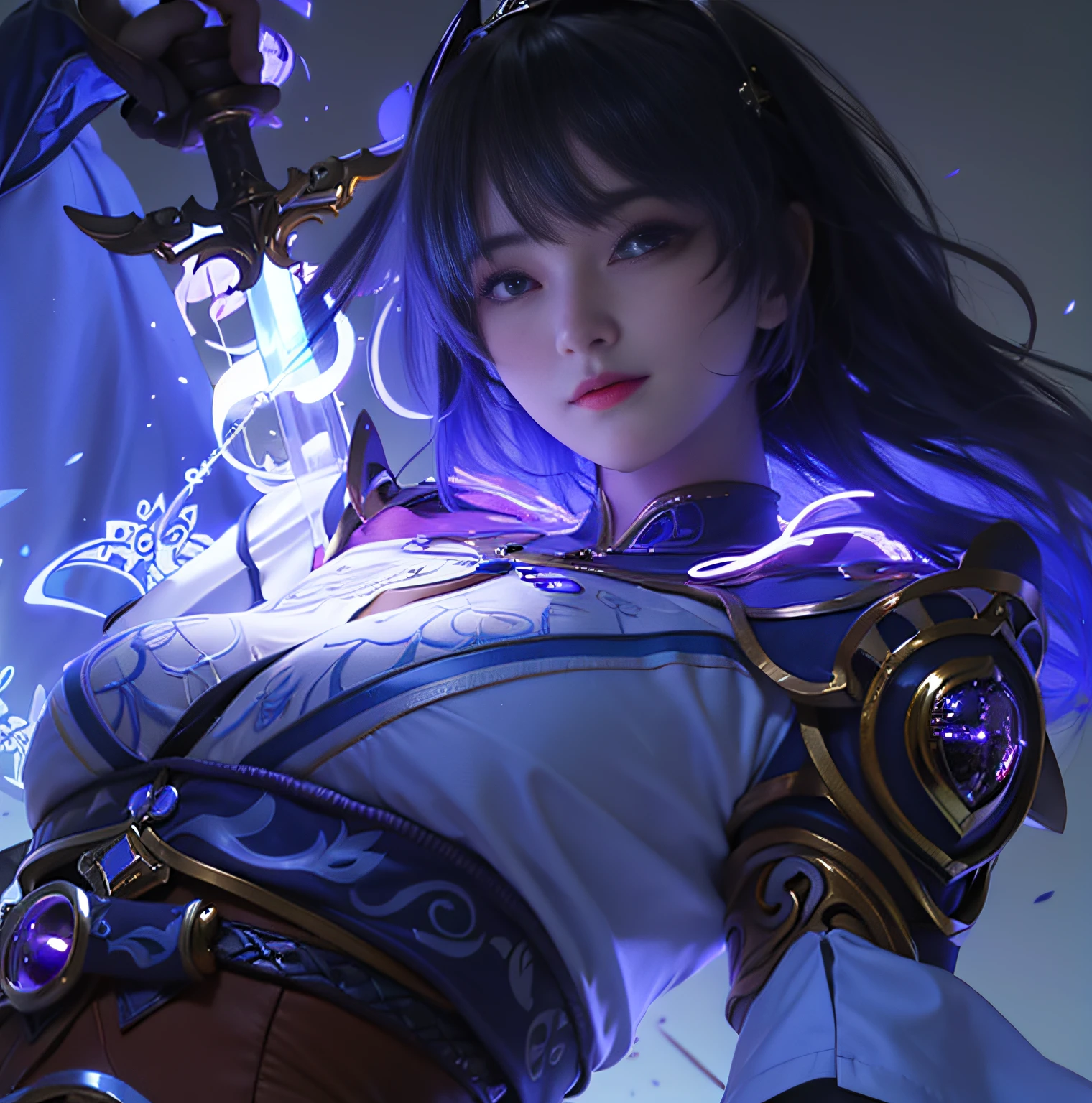 Anime girl with blue hair holding a sword and purple light, Extremely detailed Artgerm, Portrait Chevaliers du Zodiaque Fille, Beautiful celestial mage, artgerm detailed, epic mage girl character, Art germ. High detail, by Yang J, portrait of a female mage, zenra taliyah, black-haired mage, Art germ. anime illustration