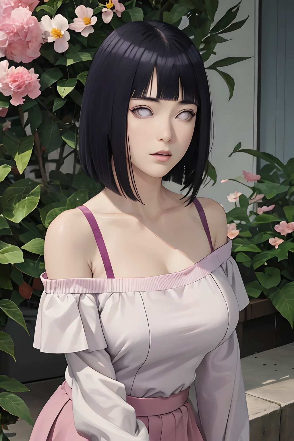 masterpiece, absurdres, hinata\(boruto\), 1girl, solo,mature female, off-shoulder strap bra, high waist short skirt, looking at viewer, (falling petals), perfect composition, detailed lips, big breast, beautiful face, body propotion, blush, (pink lips), long hair, purple eyes, soft gaze, super realistic, detailed, photoshoot, realistic face and body,