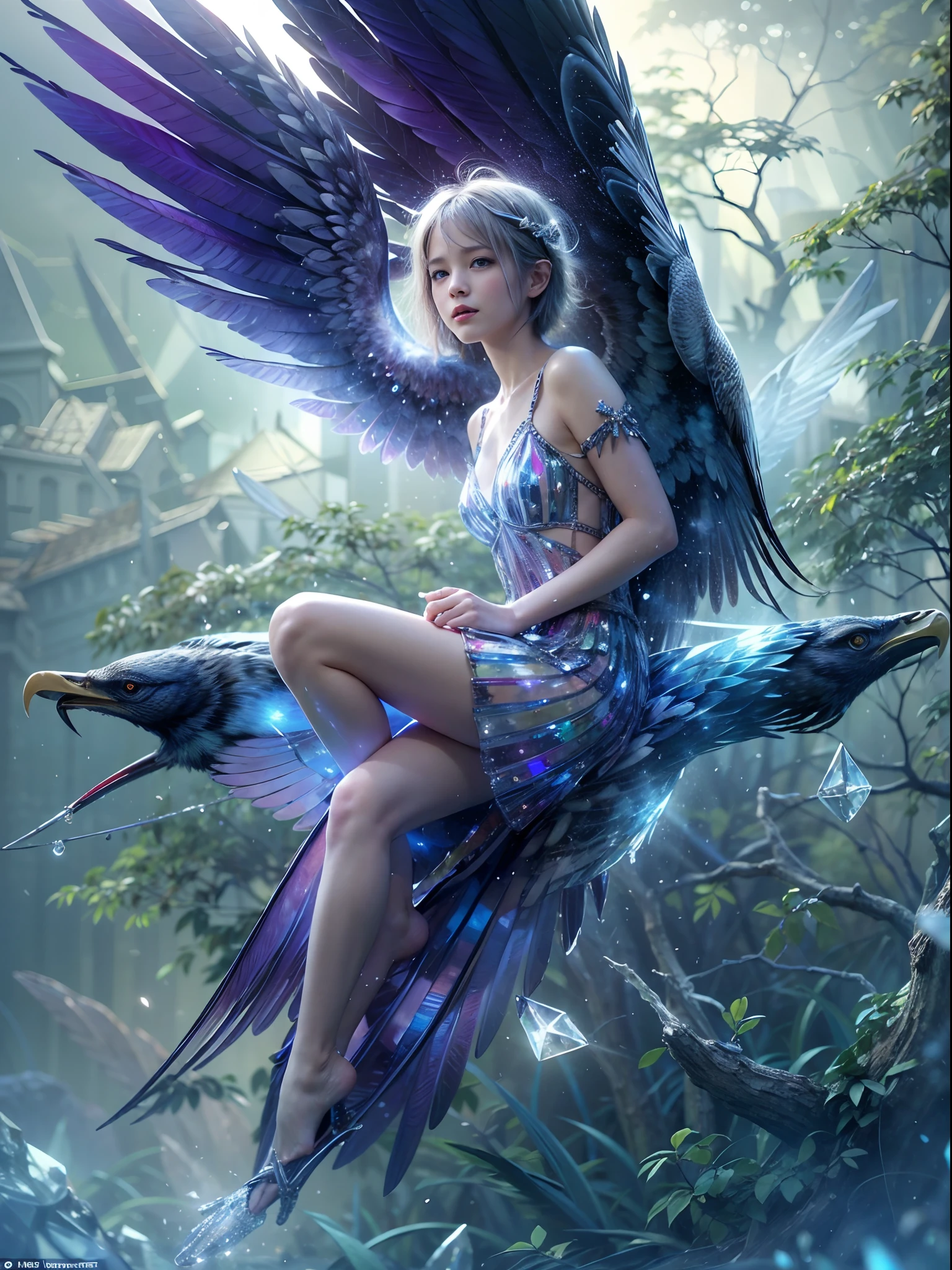 (Best Quality, Masterpiece: 1.1), (Realistic: 1.4), Beautiful naked schoolgirl is riding on the purple eagle, god ray, teen, silver short hair, blue eyes, full body, from below, hourglass body shape, flying over the park,crystallineAI,fractal art,splash