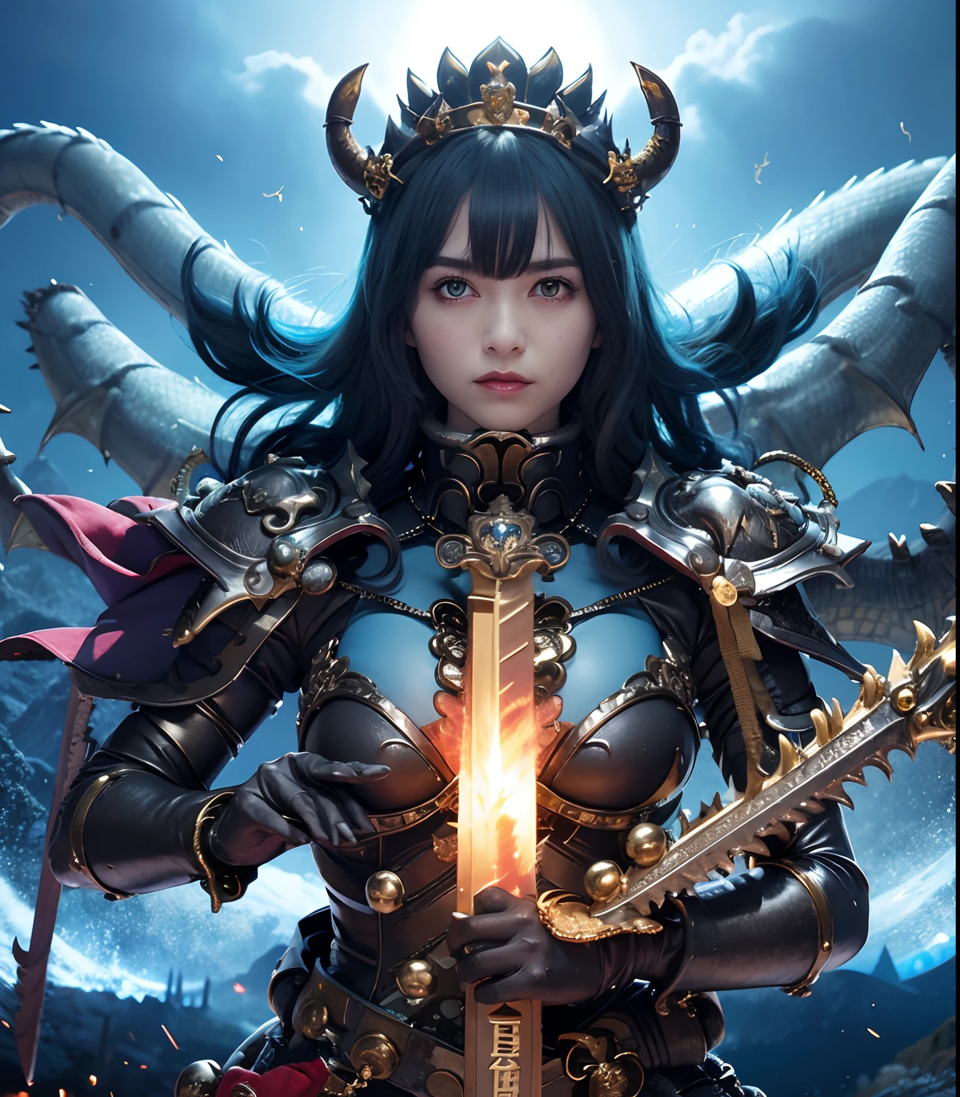 (masutepiece), Professional , ​masterpiece、top-quality、photos realistic , depth of fields （Gemstone Black Metal Body:1.９),(Matte Black、（cleavage of the breast）、Dragon Gold Weapon（Dragon Metal Body:1.４),Gorgeous Silver Weapons ,（（ Dragon's dense and gorgeous sword）） , Beautiful knife   ,warhammer 40k , adepta sororitas,Detail and gorgeous crown、（（Blue hair））、（Castle background）、The dragon、（（Gangle's forest background））、Beautiful Caucasian beauty、（１a person）、dynamic ungle,(((Detailed and ornate Black Devil Crown)))、Smaller head、A smile、Castle background、Thin and beautiful female hands、cleavage of the breast、Soldier in iron armor on background、Mystical expression、Light Effects、intense fighting、Wind-effect、magic circles、With the legendary magic wand、（demonic wings）、（Blue hair）、（独奏）、