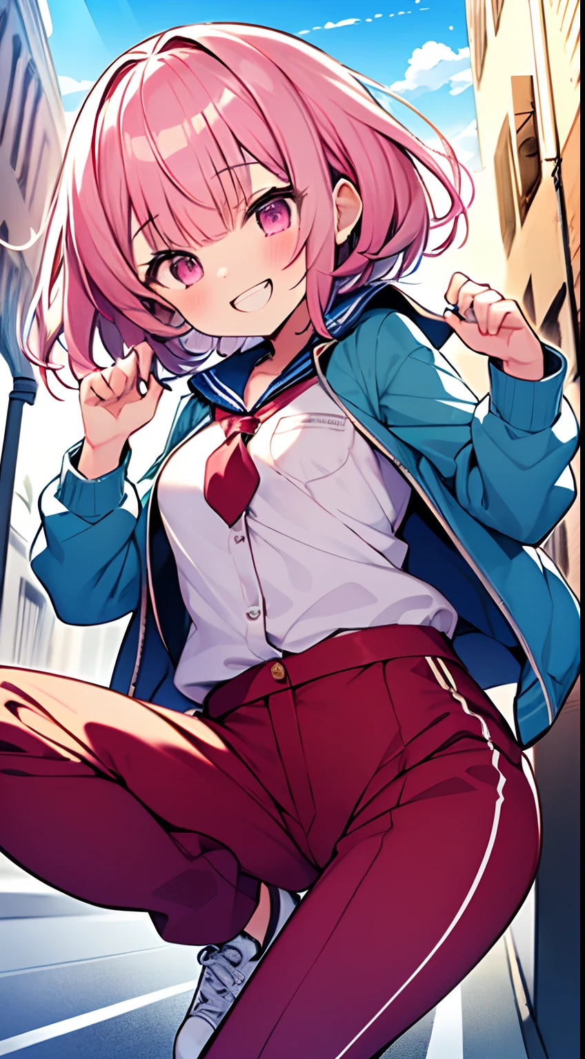 (Incredibly Absurdres Absolutely Resolution: 1.5), Top Quality, Masterpiece, Ultra High Definition, 8k, (Multiple Girls), (Light Colored Jacket, Sneakers, Pants) BREAK Shojo Manga Style, (Loli), Soft Line Art, Digital Enhancement, 1girl, 14 years old, pink hair, short hair, pink eyes, glowing eyes, blue sailor uniform with red tie, pink panties, small boobs, smile, showing teeth, almost naked, street, no pants