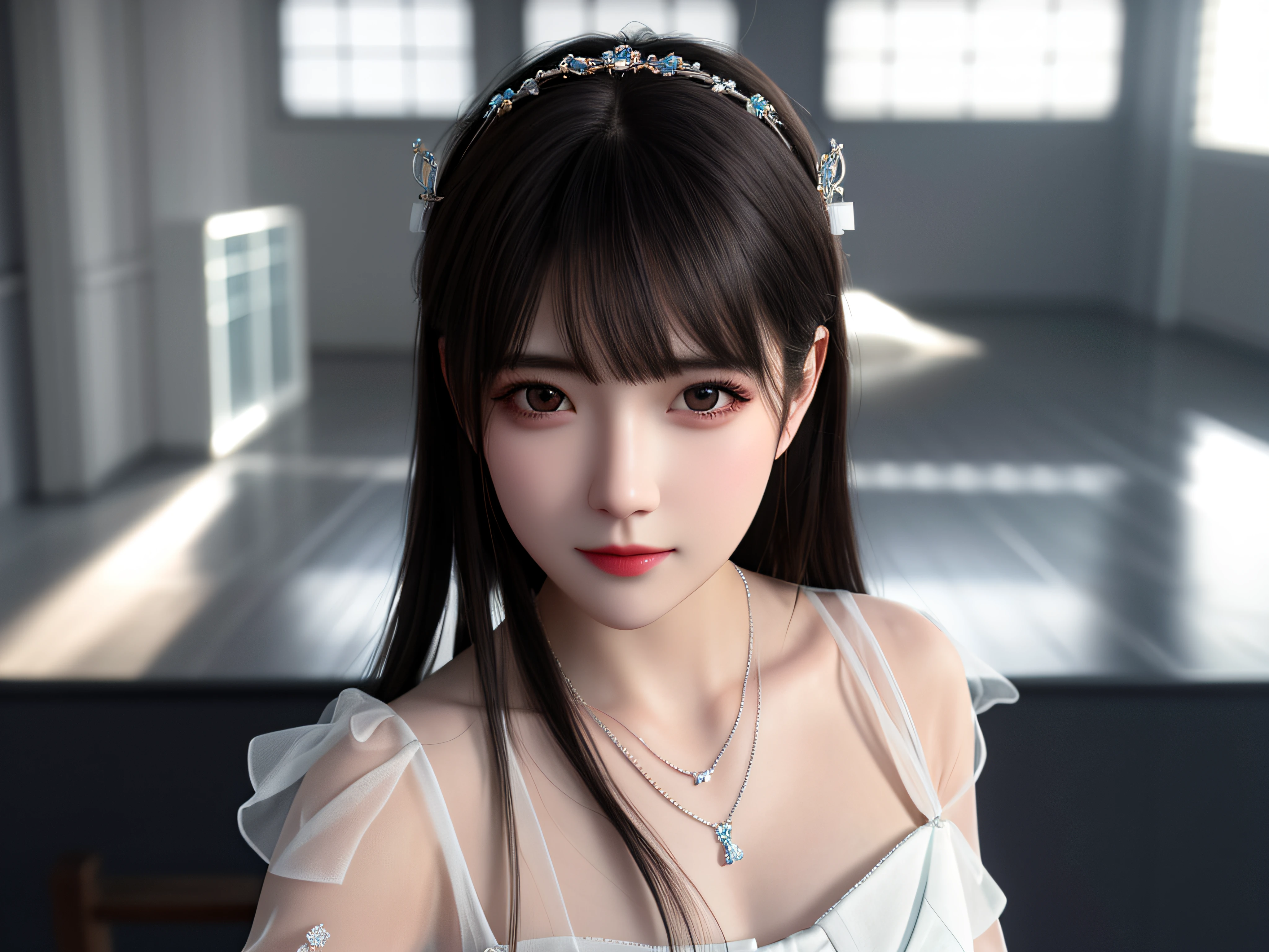 Best quality, masterpiece, high resolution, 1girl, porcelain dress, hair accessories, necklace, jewelry, beautiful face, on the body, Tyndall effect, realistic, dark studio, edge lighting, two-tone lighting, (high detail skin: 1.2), 8k UHD, dslr, soft light, high quality, volumetric light, candid, photo, high resolution, 4k, 8k, background blur,