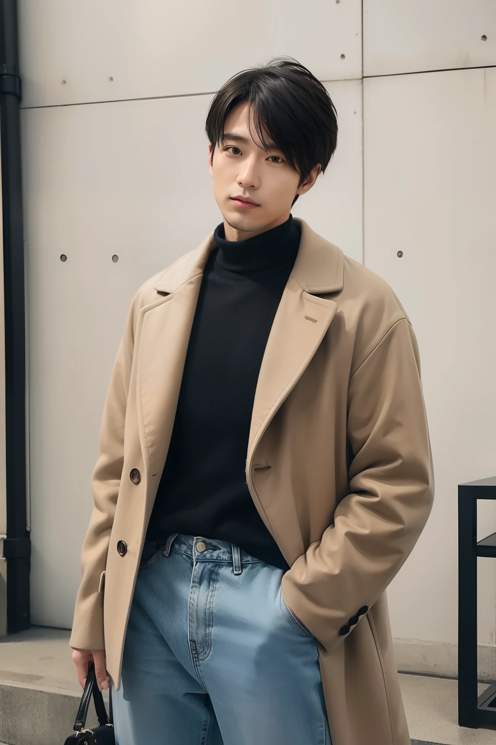 (Portrait of Japan man 25 years old:1.2)。Casual scene of autumn and winter in smart style。The hairstyle is short hair and the sides are cropped、The top is lightly voluminous.。Hair color is natural black。Top is white shirt with gray V-neck sweater、She wears a long camel coat over it.。Black denim jeans with bottoms。Black leather ankle boots。
