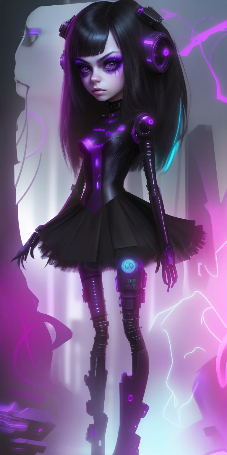 Change background cyberpunk. an image of a beautiful cyberpunk teen Mila Kunis, fairy goth robot, realistic face, 8k, ultra realistic!