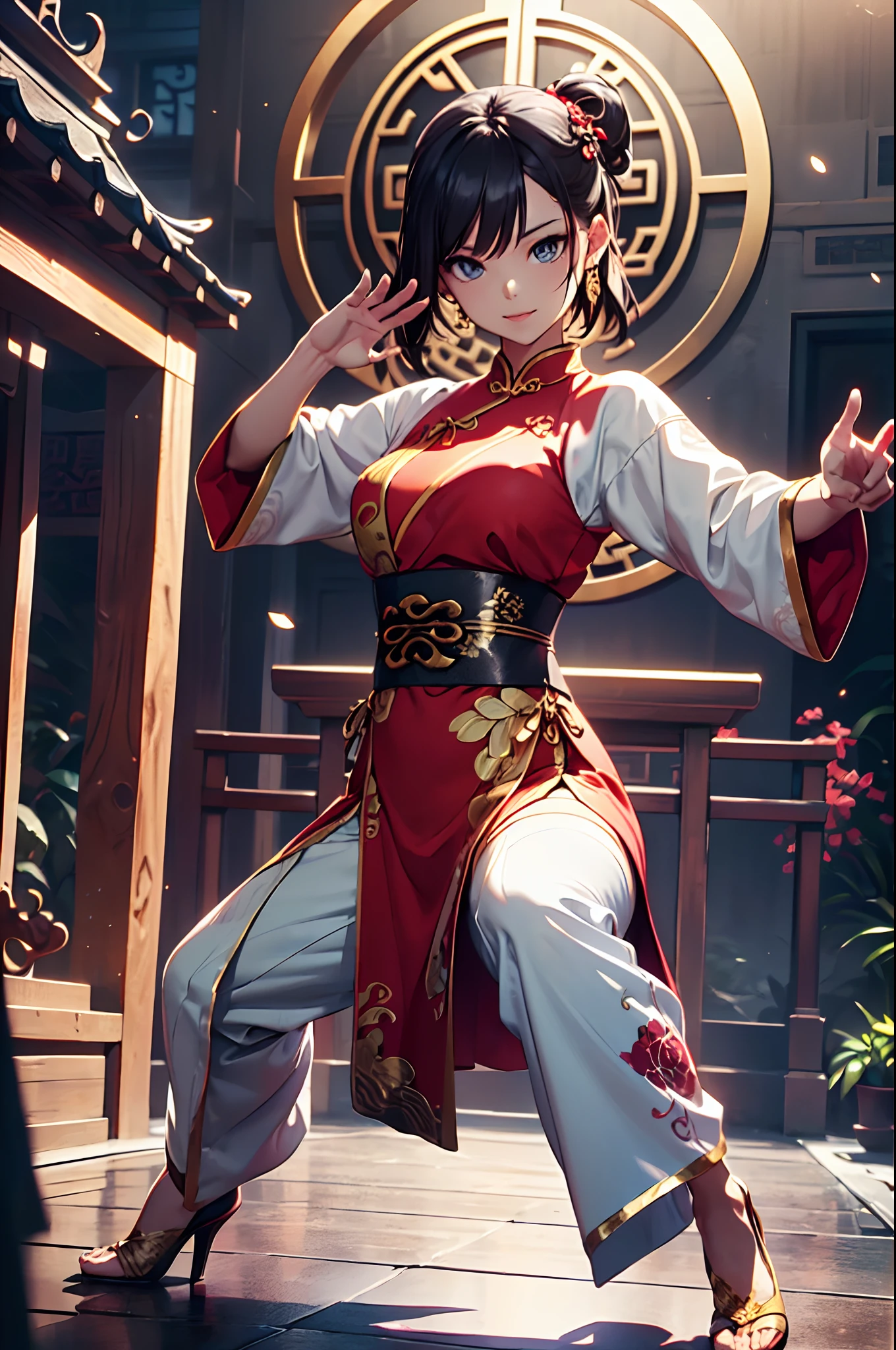 (Official art、Best Quality、Unity 8k Wallpapers、32K、masterpiece、ultra-detailliert、超A high resolution、realisitic、Photorealsitic:1.2)、(Cinematic lighting:1.2)、Fireglow effect、film grains、Best Shadows、Rim lighting、side lights、sideshot、(Ultra-detailed and complex 3D rendering)、Detailed beautiful face and eyes、A slender、Medium bust、(Full body:1.2)、 Highly detailed background、Chinese Dojo、beauitful face、blurry backround、a beauty girl、(super detailed skin、detailed skin textures:1.3)、Black hair、short-hair、braided ponytails、Blue eyes、Red cheongsam with gold thread embroidery、Wearing high heels、Floral hair ornament、Gentle smile、(thighs thighs thighs thighs:0.9)、(kung fu pose:1.2)、dynamicposes、