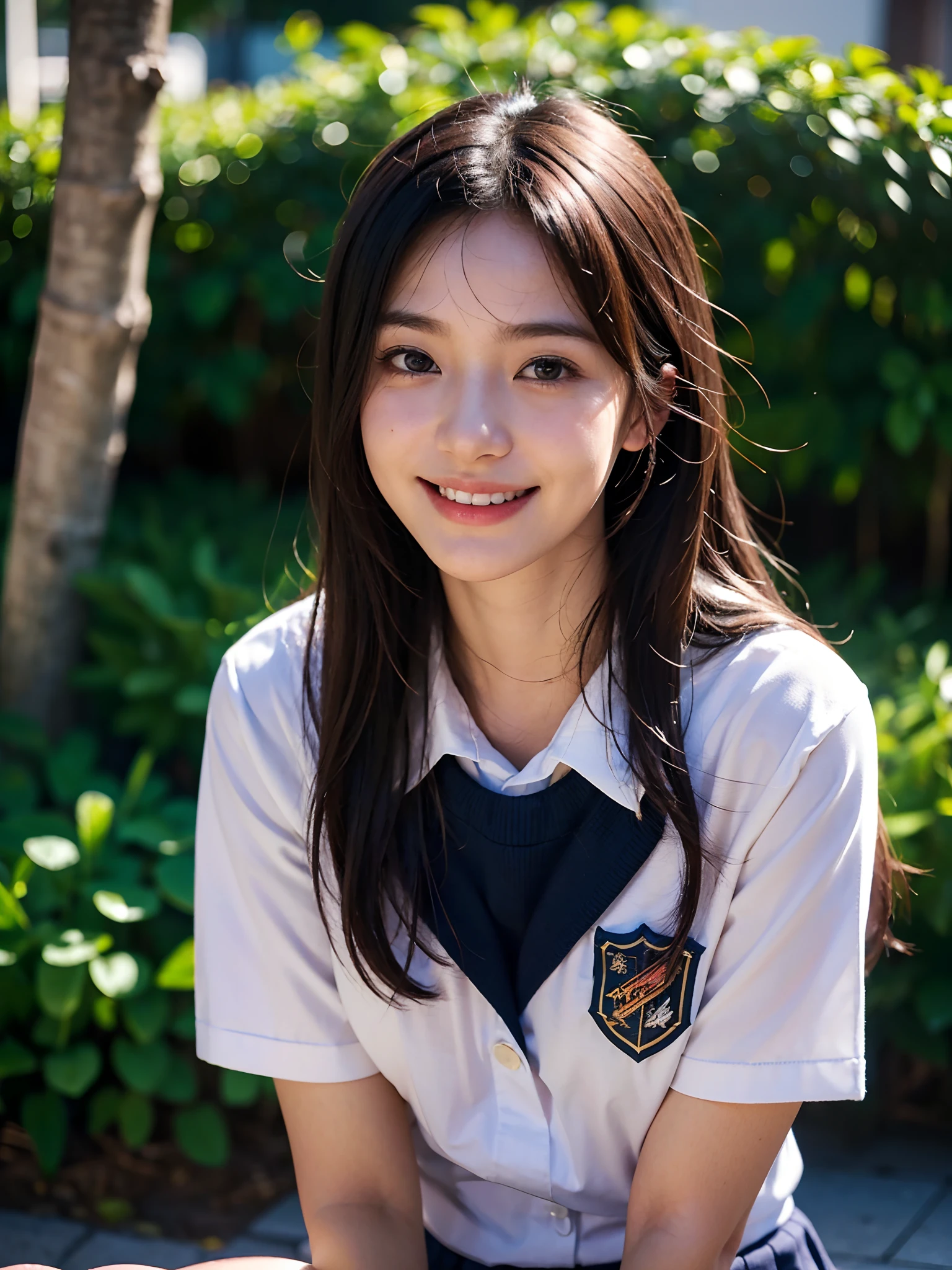 neat college girl, person, (, summer uniform, short sleeves), outside the athletic field, (slim, small, flat, small), photorealistic, detail, skin texture, super detail, delicate and sexy collarbone, smile, super detailed face, detailed lips, detailed eyes, double eyelids, legs sitting bending knees, squatting, white panties are visible from the skirt, Sexy poses