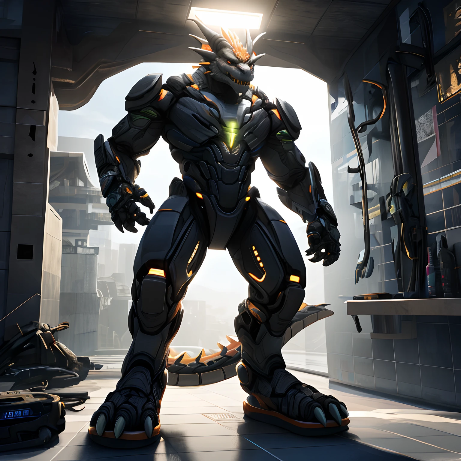 An advanced bionic mech, cybrog, anthro, dragon, male, full body, Delicate face, Delicate eyes, 1 tail, (glowing LED), energy,sandals, digitigrade,Standing on the tiles in the apartment, extremely detailed CG unity 8k wallpaper, realistic, masterpiece, highest quality, lens flare, unreal engine, trending on ArtStation, Intricate, High Detail, dramatic, realism,