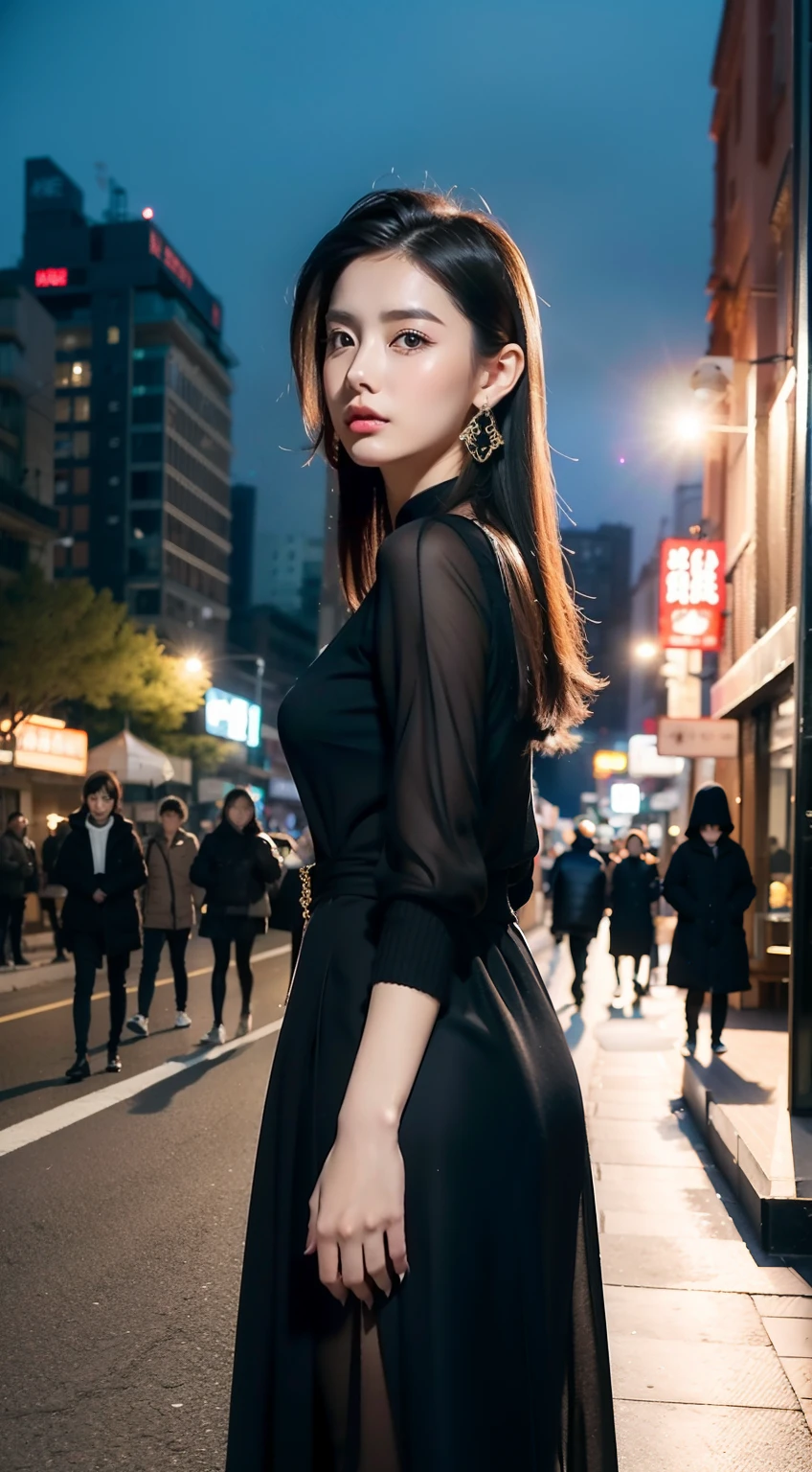 （8K分辨率，Photo above the thigh，Sideways close-up photo），（1womanl，20yr old，（（Facial features of Thai Min：1.8，s delicate face，详细的脸），（Long ponytail hair），Elongated bangs，Confused eyes，Slightly open mouth），Fair smooth skin，（Best Skin Type：1.21），captivating curves，（（Short-sleeved cardigan，Black silk horse face dress），（Chinese style pattern）），Elongated earrings，Roman shoes，With a petite figure，（Model walking on the road，Naturally placed hands），delicate artwork，perfect hand，Ultra-fine clothing material），（The city's noisy pedestrian street，Night background，Deep view，Exquisite environmental details），（Professional lighting，动态照明），（（The color is uniform，（white colors，black in color））），（Golden section，Cinema lenses，Hasselblad photograp，tmasterpiece：1.3），（The art of culture，fashion art，trendsetting，Artis，Art platform）