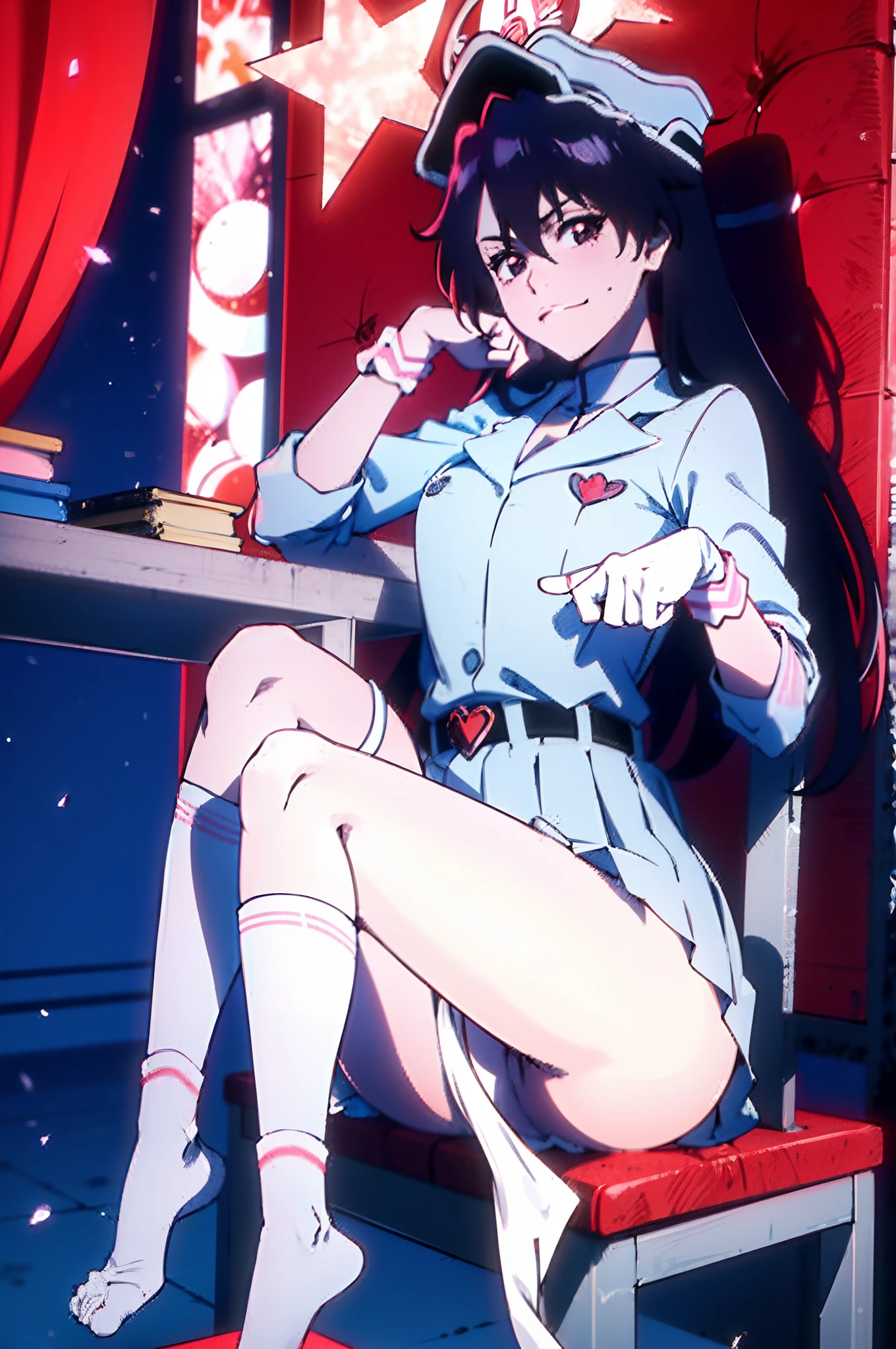 Chic ass, (grab the ass:1.6), Sitting at a desk in a chair, Take a look at us, Pink G-string, Detailed thick G-string, (Long socks), Twin-tailed, Black and Red High School Girl Uniform, crass room, Take a look at us, Soft smile, Skirt, Random hair color, smug face, Sitting, torned boobs (barechested:1.3)