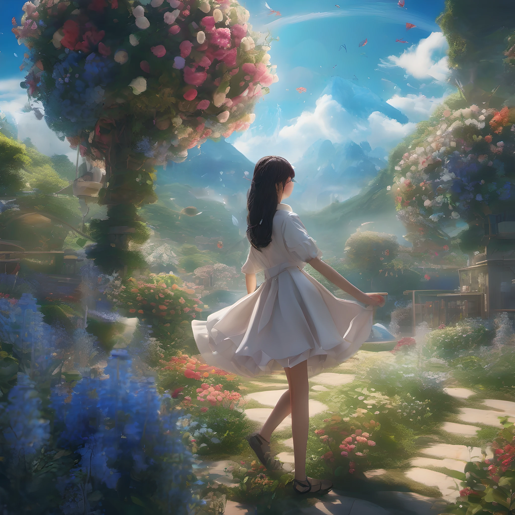ccurate, best quality, masterpiece, UHD, high details, award winning, (Amazing:2.0), (Surrealism), Conceptual art, Verism, cinematic lighting, floating island in the sky, (((beautiful flower garden))), Horizon, blue sky, paradise scenery, flowers, wind flow, (((fantasy))), frontier, (magnificent space), blurry foreground, bokeh, Hasselblad, lens flare, beautiful school girl, (17 yr old), ((((full body)))), from behind, she moving, without looking at me, (((wearing school uniform))), black eyes, black hair, (floating hair), ((8 life size)), detailed hairstyles, detailed bodyline, anatomically correct, cute face, ((accurately portray her)),