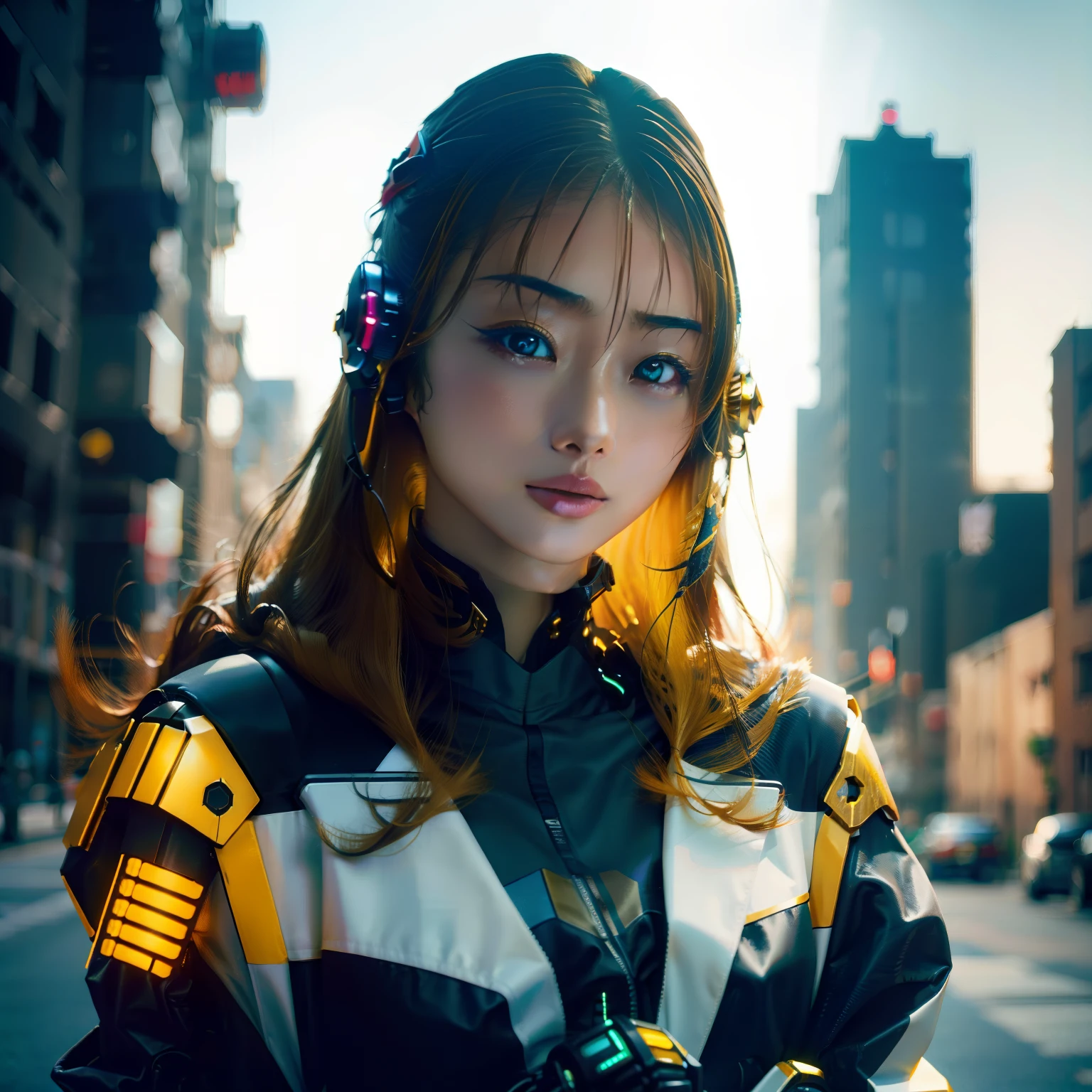 cyber punk perssonage，sci-fy，城市，Mecha fly，A woman who is，golden hair