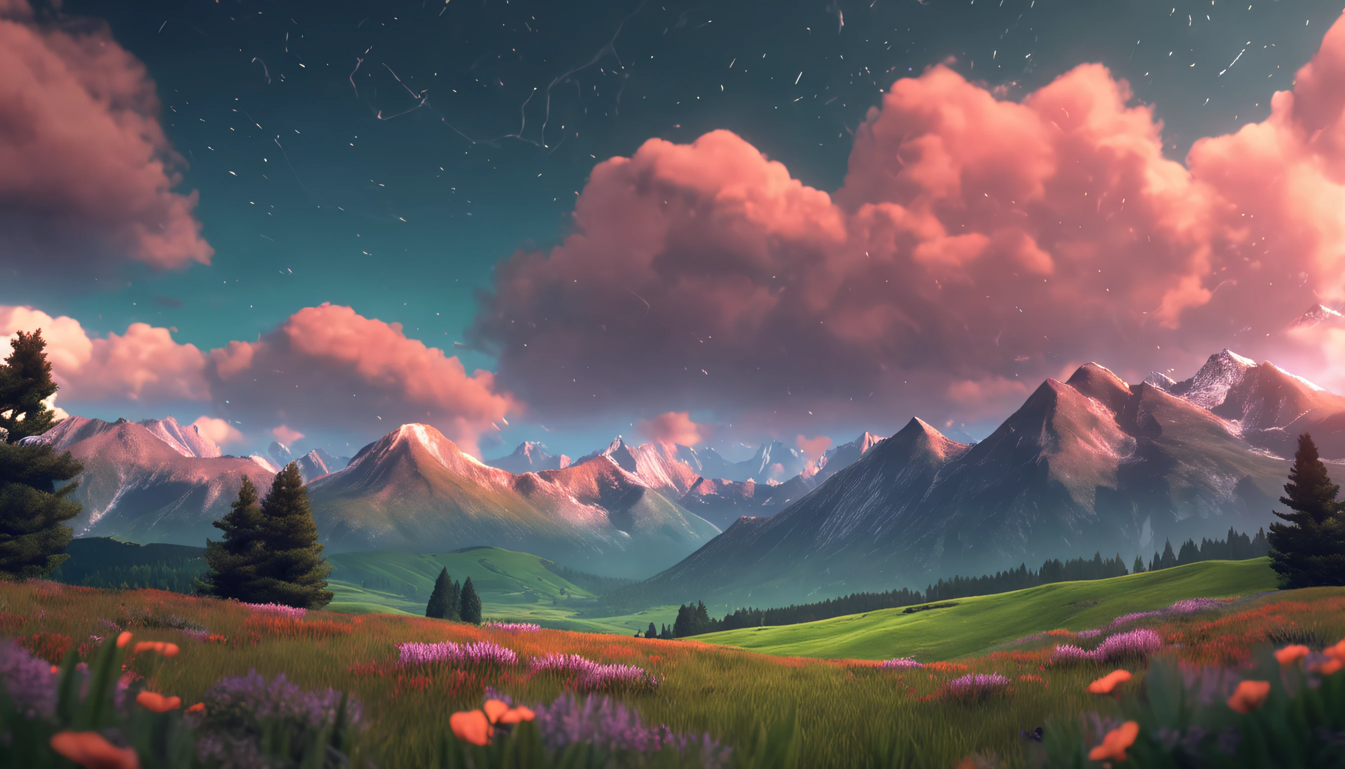 ghibli style, beautiful sky with mountains and meadow, 4k wallpaper. Rainy atmosphere, evoking a moody and desolate future."