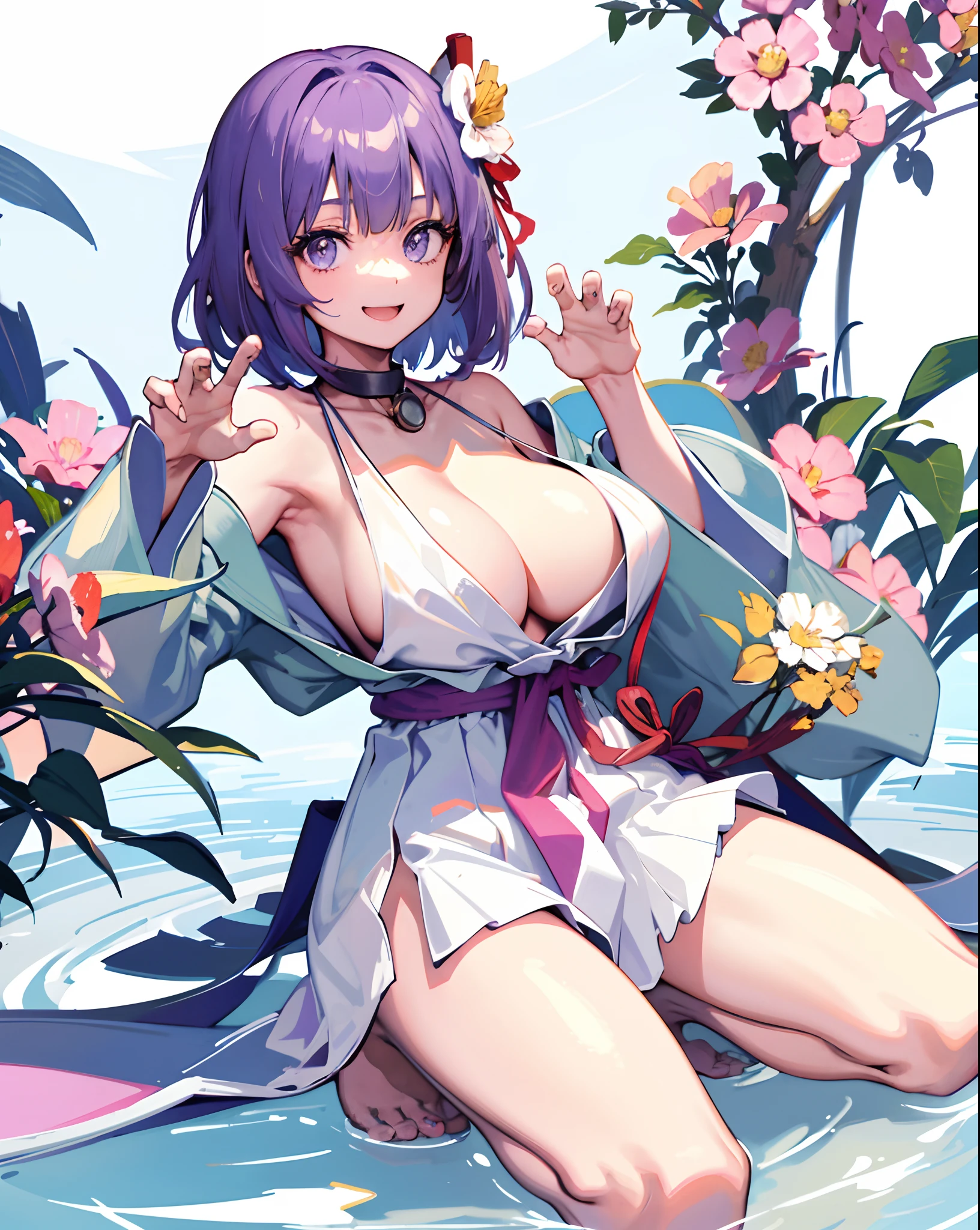 Hieda no akyuu, 1girl, solo,huge boob, NAKED Apron, Light smile, Claw pose, Neckbells,