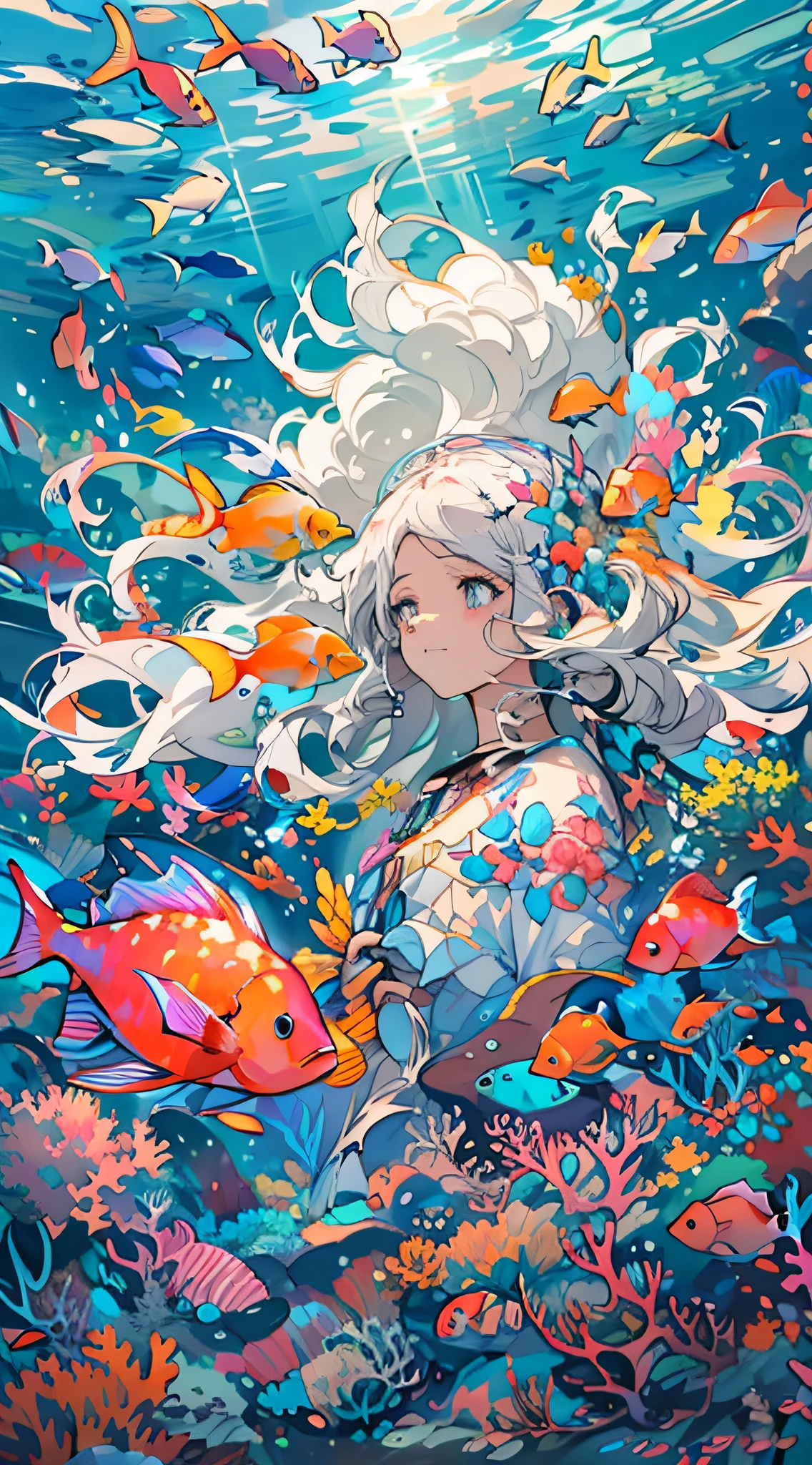 This is a piece of conceptual art depicting marine life, underwater landscape, a variety of coral reefs, different shapes, very three-dimensional, fish, female animation fantasy illustrations. Long white hair scattered in the sea, drifting with the tide, very harmonious. The whole painting adopts a messy and imaginative painting style. The colors are bright and saturated, and the lines are smooth. The mystery and beauty of the ocean, this painting depicts the underwater world full of vitality and vitality, animation art wallpaper 8 K