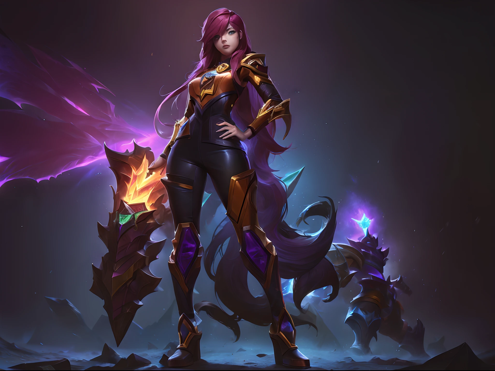 (League of Legends:1.5), [qty: :1], hair over shoulder,amber,orange,
simple background,
tachi-e,game_cg,
highres,
,solo,(heavy mecha musume:1.1),Mecha girl,
full-body,standing,applique,Battle suit,future science,