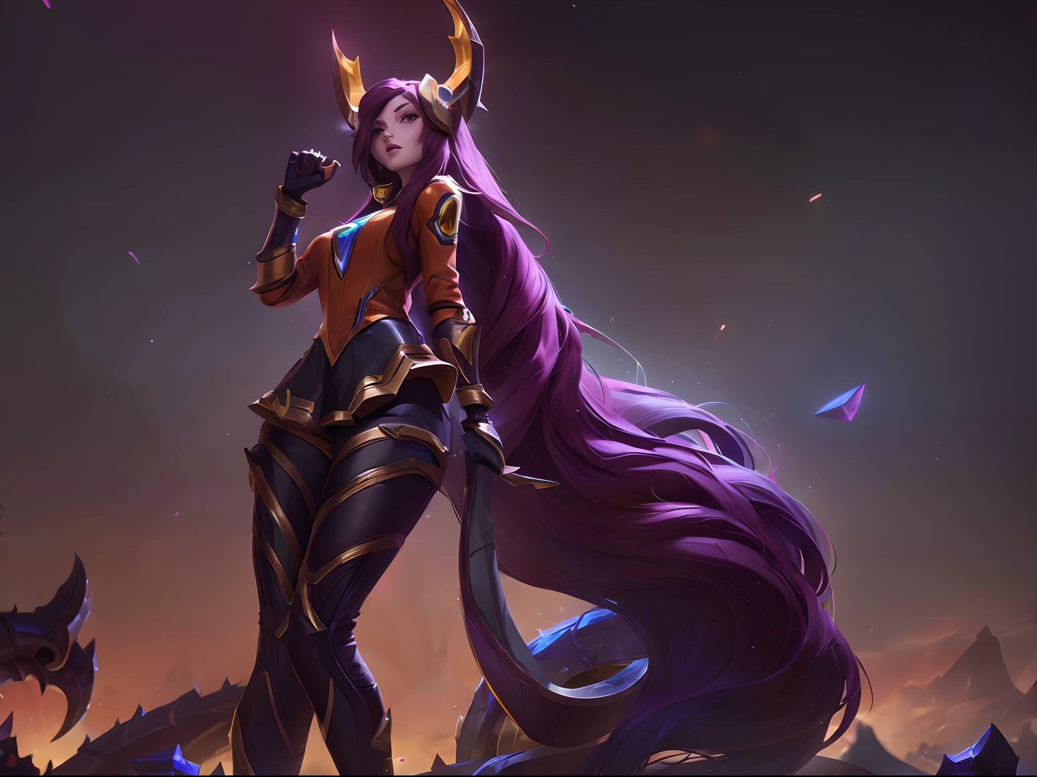 (League of Legends:1.5), [qty: :1], hair over shoulder,amber,orange,
simple background,
tachi-e,game_cg,
highres,
,solo,(heavy mecha musume:1.1),Mecha girl,
full-body,standing,applique,Battle suit,future science,