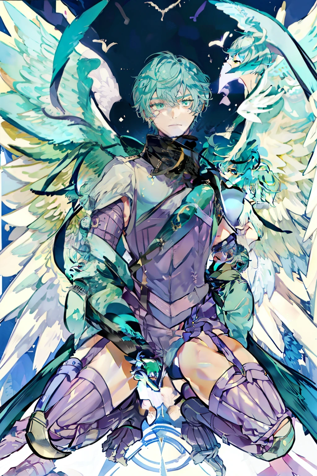 SHUTUMON
GARTER STRAPS
FEATHERED WINGS
SCARF, proportional eyes, (anime:1.5), sharp details, beautiful face, symmetrical eyes, short light blue hair, short hair, light blue hair, green eyes, man, high quality, (full body:1.3), ((Male Shutumon)), Purple clothes, Wings on head