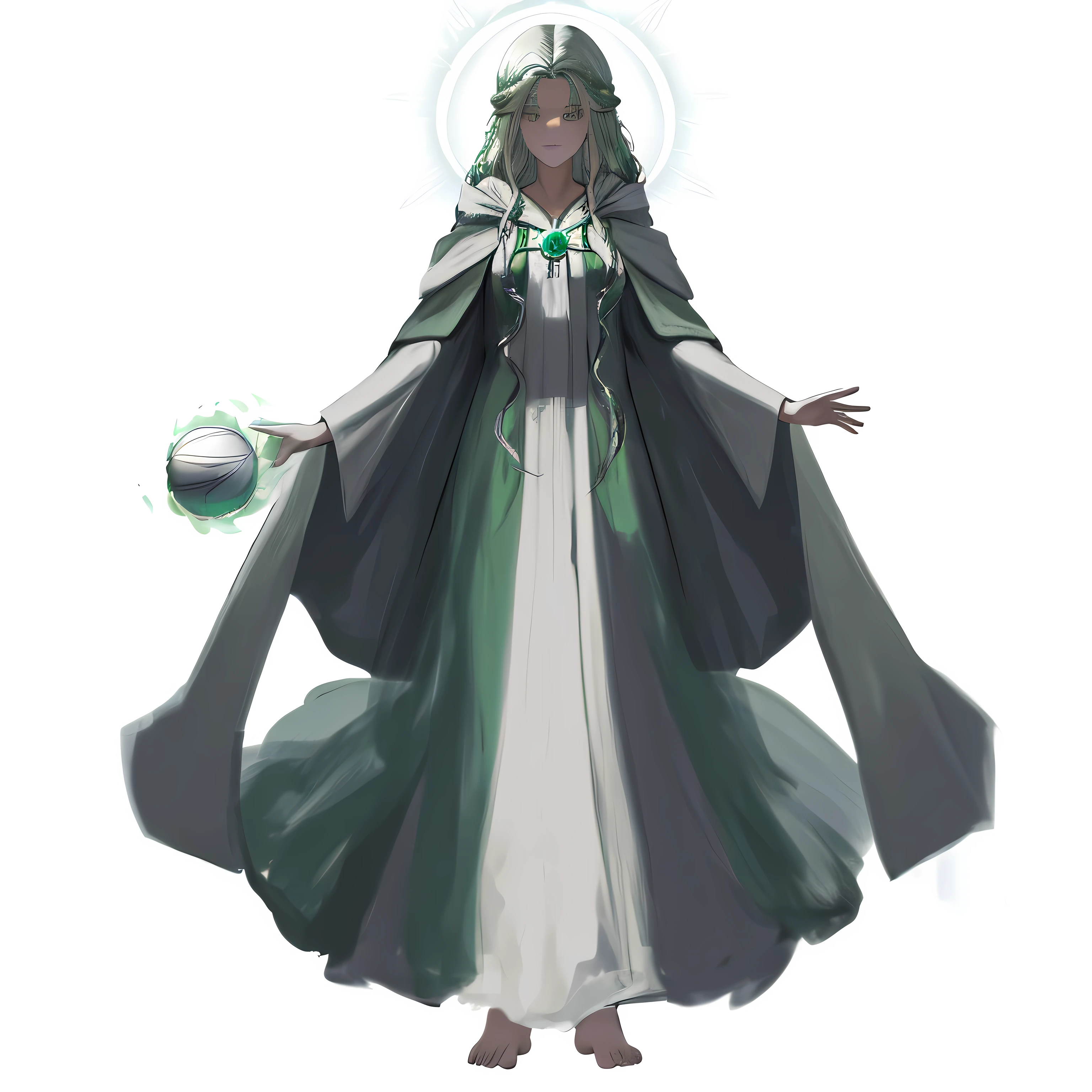 Woman in green cloak and white dress holding ball, flowing magic robe, flowing robe, astral witch clothes, wearing flowing robes, flowing robe, Cotton Cloud Mage Robe, fantasy dress, ornate flowing robe, wearing a flowing cloak, Dark, flowing robe, ornate flowing robe, cloud mage robes, Dressed as an oracle, Occult robes, floating robes