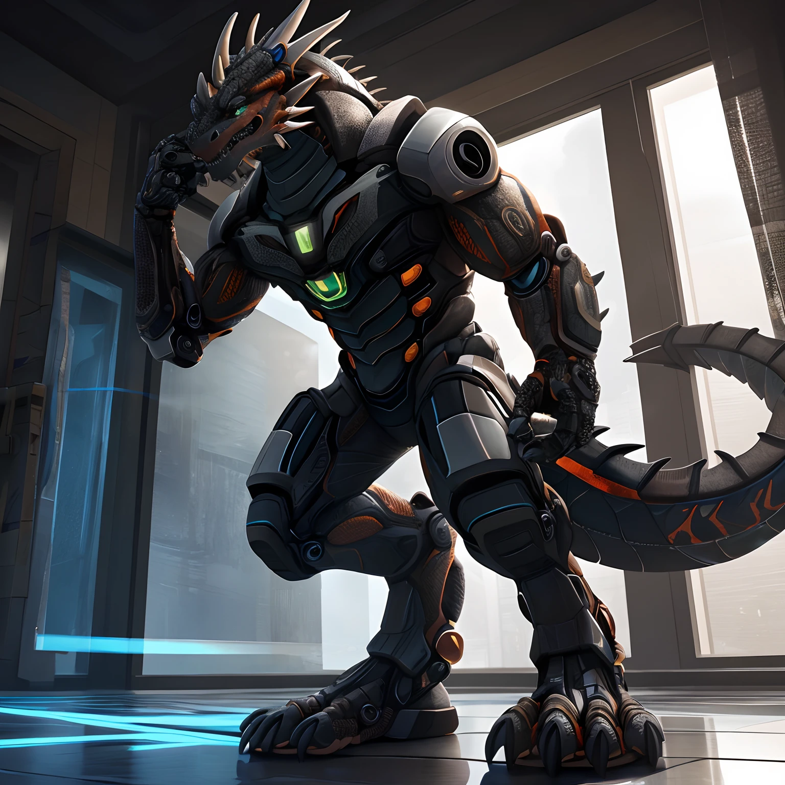 An advanced bionic mech, cybrog, anthro, dragon, male, full body, Delicate face, Delicate eyes, 1 tail, (glowing LED), energy,sandals, digitigrade,Standing on the tiles in the apartment, extremely detailed CG unity 8k wallpaper, realistic, masterpiece, highest quality, lens flare, unreal engine, trending on ArtStation, Intricate, High Detail, dramatic, realism,