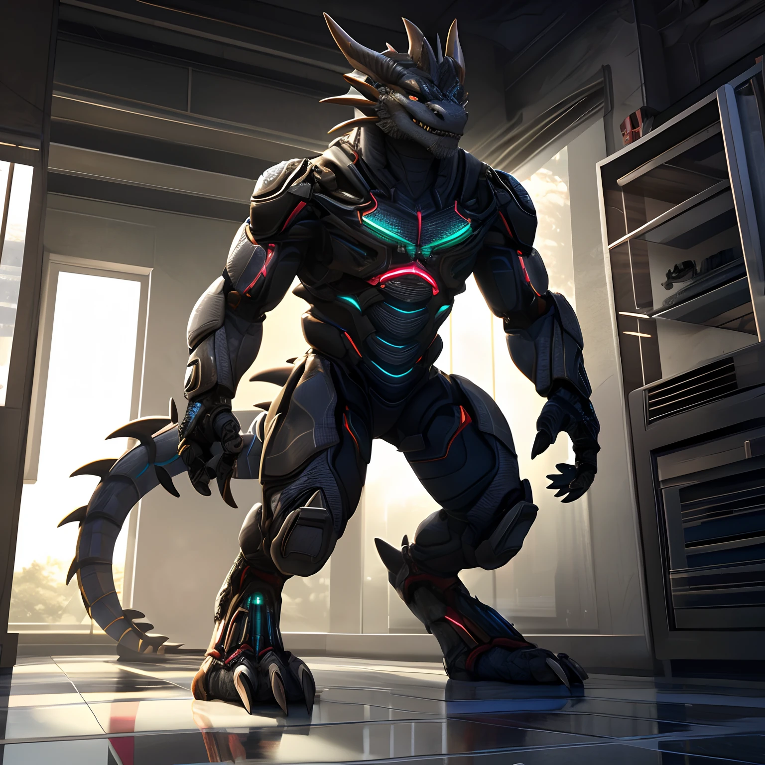 An advanced bionic mech, cybrog, anthro, dragon, male, full body, Delicate face, Delicate eyes, 1 tail, (glowing LED), energy,sandals， digitigrade,Standing on the tiles in the apartment， extremely detailed CG unity 8k wallpaper, realistic, masterpiece, highest quality, lens flare, unreal engine, trending on ArtStation, Intricate, High Detail, dramatic, realism,