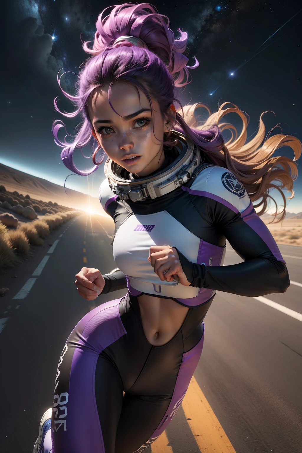 3D, altamente detalhado, cinematic lighthing, Roxo Retrato de meio corpo completo mulher correndo  preocupada, aflita, correndo  a deriva, olhando para cima,  cabelos roxos. with a close face wearing an astronaut's suit. fundo de universo, outer space. Vivendo aventura espacial, cosmic fog on his face. Roxo. Foguete. Correndo