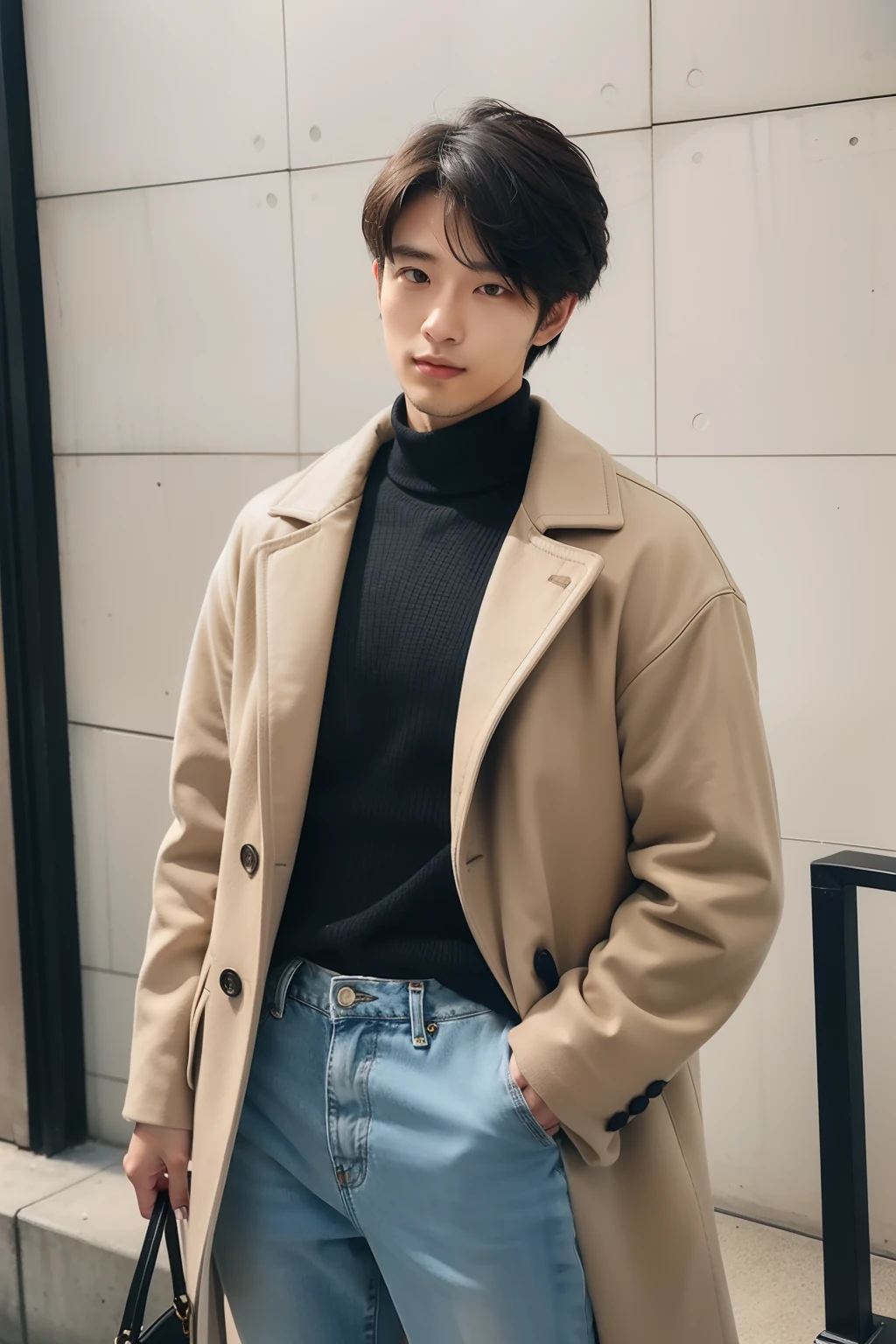 (Portrait of a 25-year-old Japan man:1.2)。Casual scene of autumn winter in smart style。The hairstyle is short hair and the sides are trimmed、The top is light and voluminous.。Hair color is natural black。White shirt with gray V-neck sweater top、She wears a long camel coat over it.。Black Denim Jeans Bottoms。Black Leather Ankle Boots。