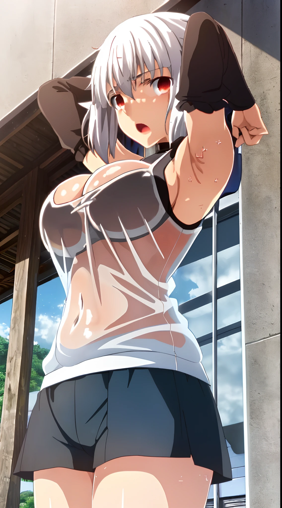 ufotable screen cap, white hair, twin tails oily skin, wet, detailed skin, ((little girl)), ((carrying a red backpack)), ((10 years old)), blurry background, open mouth, short height, little girl, ((bare shoulder)), ((presenting armpit)), (see-through), cleavage, naughty face, ((white tank top)), (arm up), ((loli oppai)), ((big boobs)), ((large breasts)), ((under boobs)), ((boob curtain)), ((hot pants)), ((detached sleeves)), beach, (potrait)), loose shirt, navel, (((from below))) wet body, rain